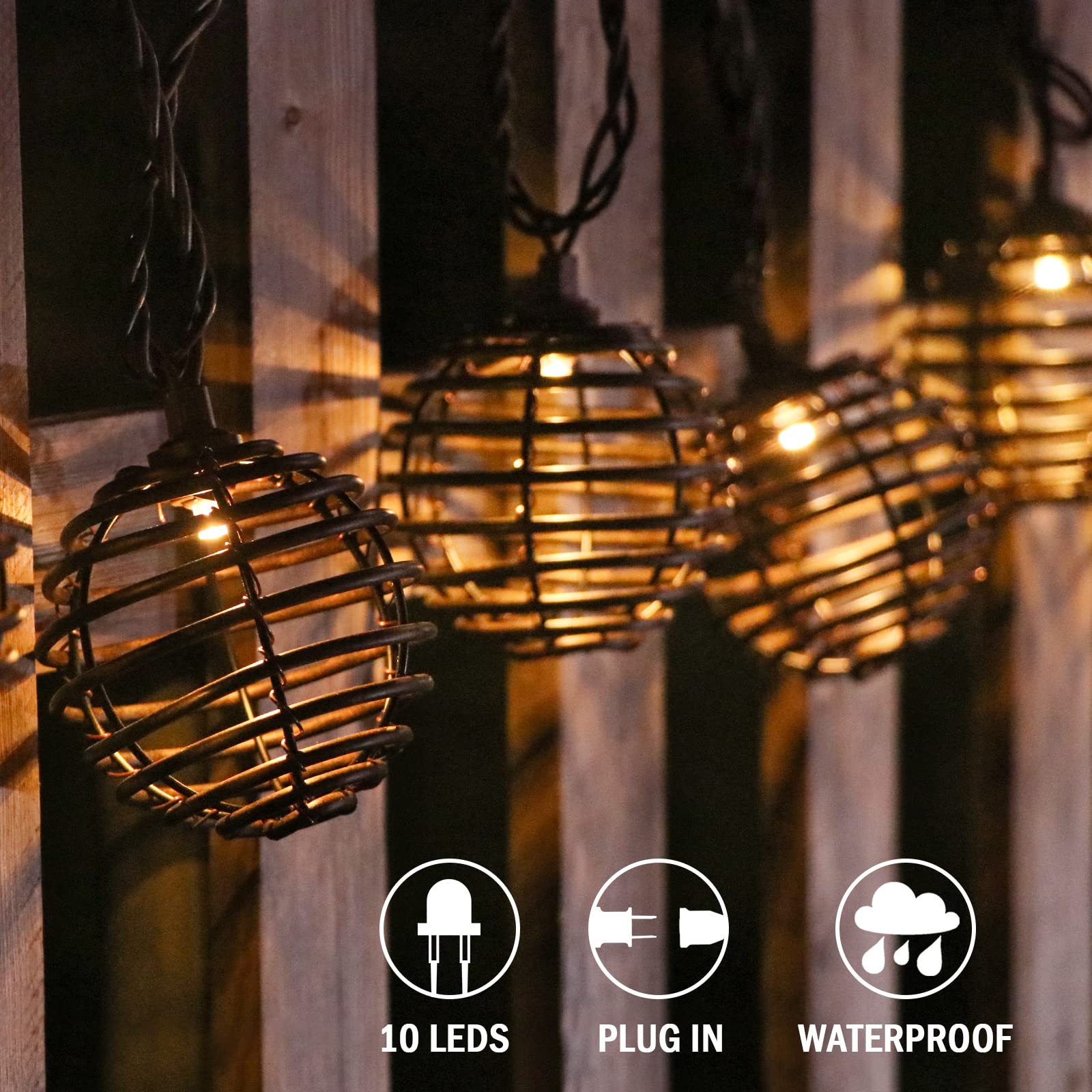 Vigdur Decorative - Rattan Ball String Lights With 10 Led Bulbs Plug In Rattan Lantern String Lights For Patio Garden Backyard P
