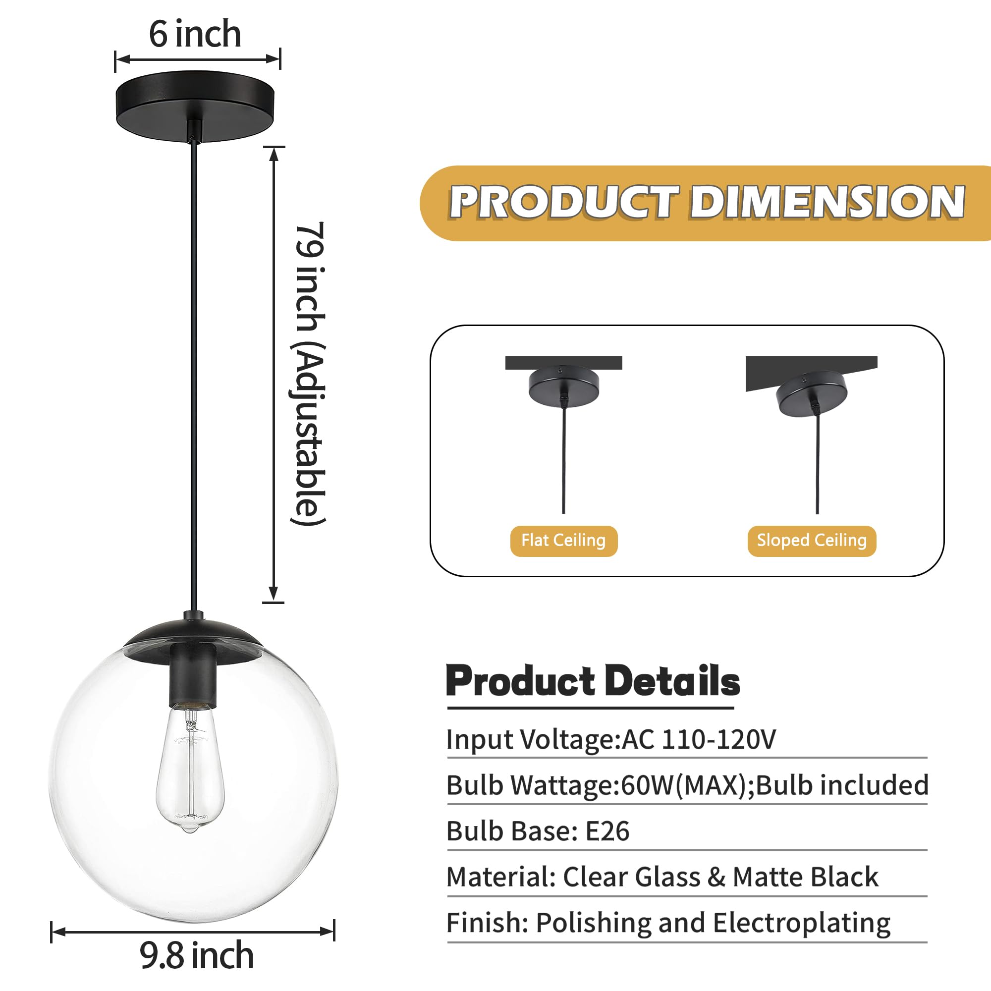 Koko&Yukina 10&quot; Black Globe Pendant Light, Adjustable Mid Century Fixture With Clear Glass Shade