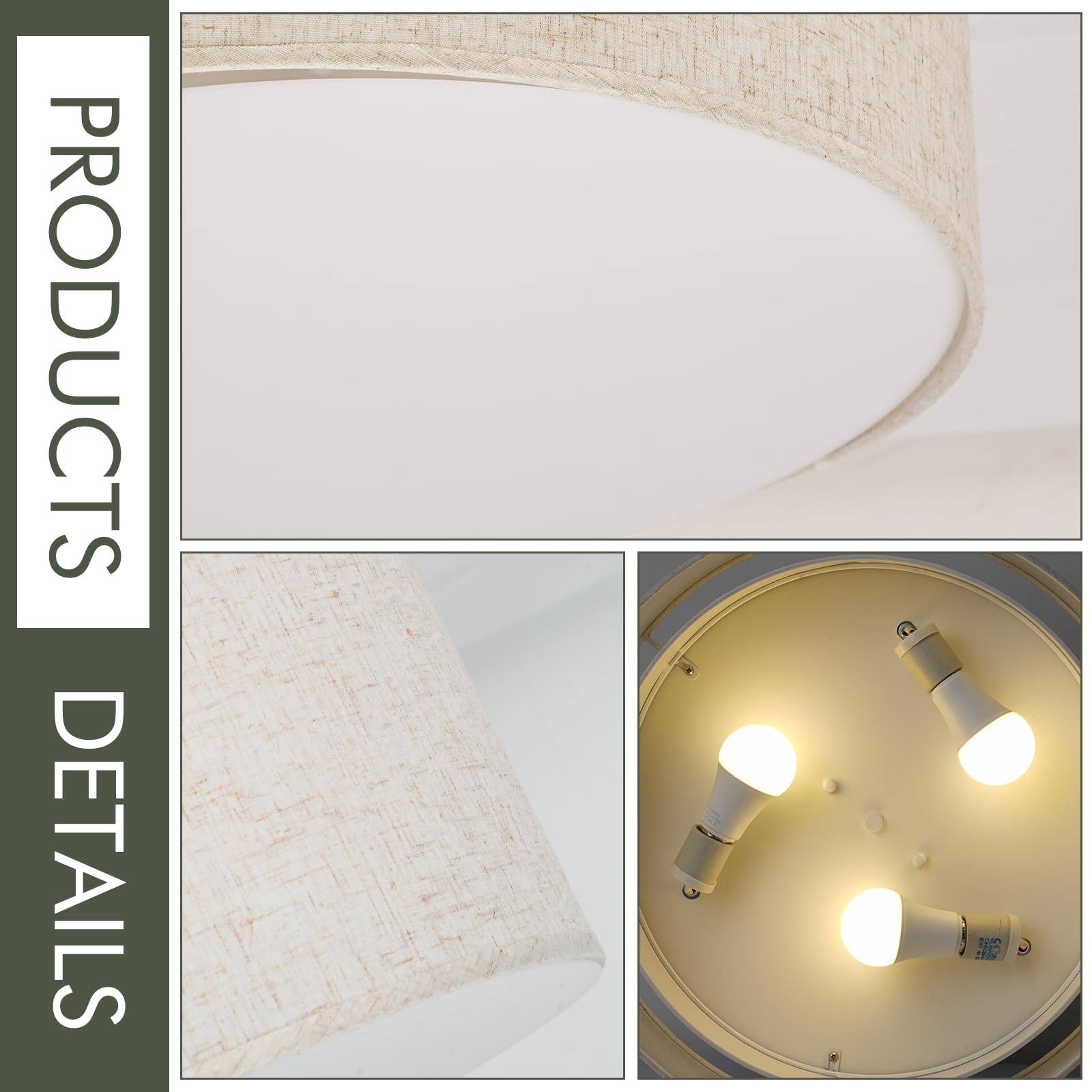 Vexagyle Flush Mount Ceiling Light,16''Modern Close To Ceiling Lamp With Double Linen Fabric Shade,3 Light Semi Flush Mount Ceil