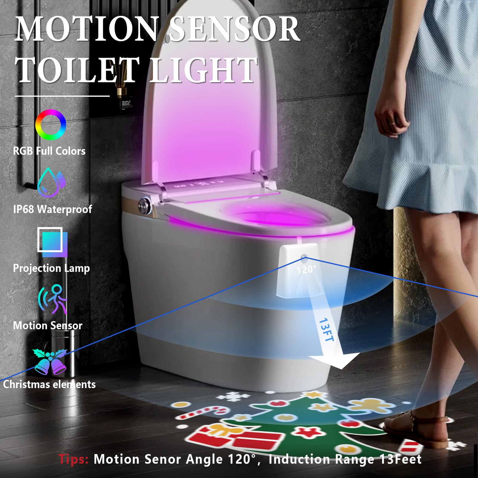 LAVAED Christmas Toilet Night Light, 16 Color Changing LED, Motion Sensor, Rechargeable, 1 Pack, Christmas Limited