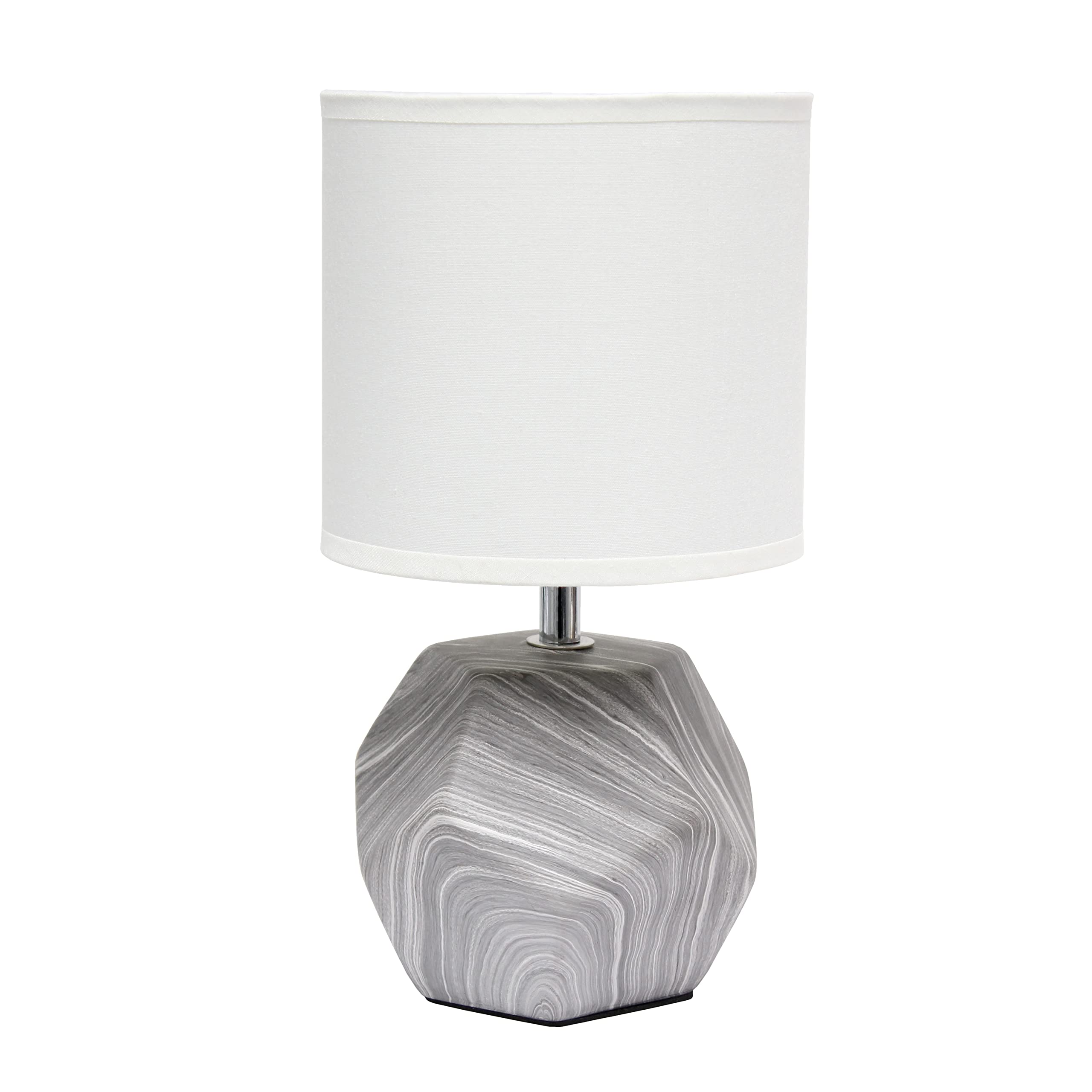 Simple Designs Lt2065-Mbl Round Prism Mini Table Lamp With White Fabric Shade, Gray Marble