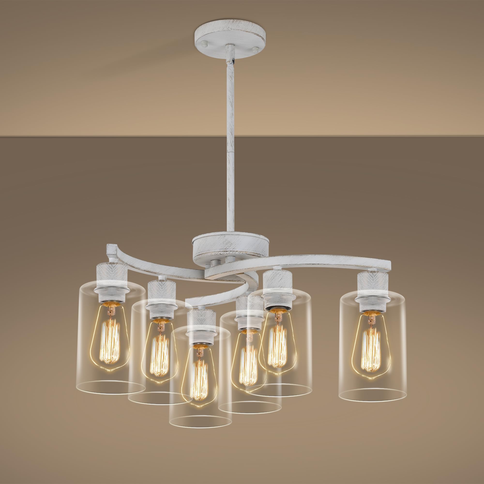 CNRATYE 6-Light Antique White Chandelier with Clear Glass Shade, French Country Chandeliers for Dining Room, Adjustable Height H
