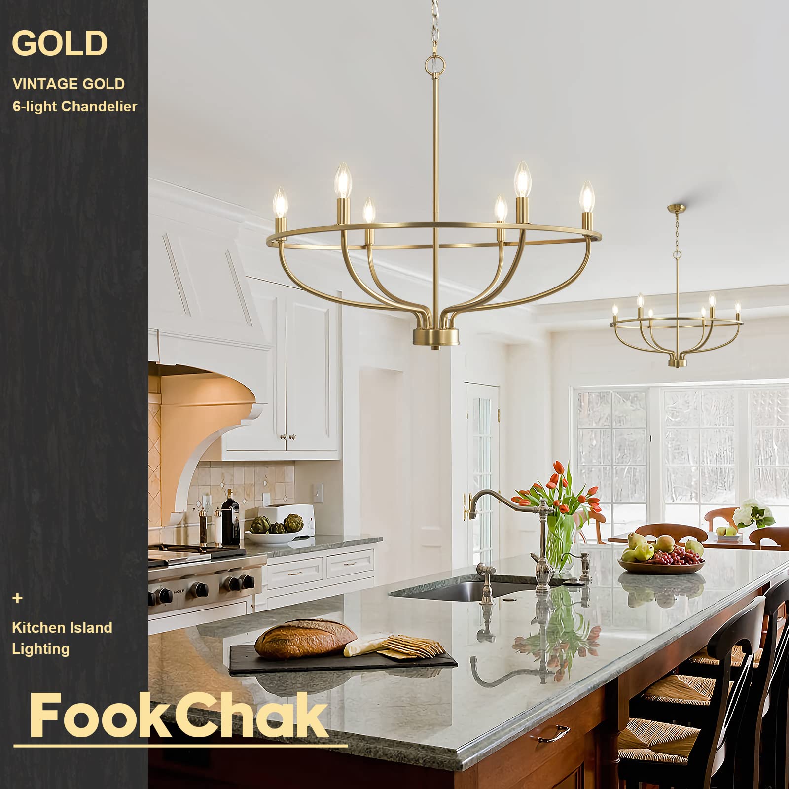 FookChak 6-Light Gold Chandelier, 29in Brushed Brass Light Fixture for Dining Room, Hallway, and Living Room