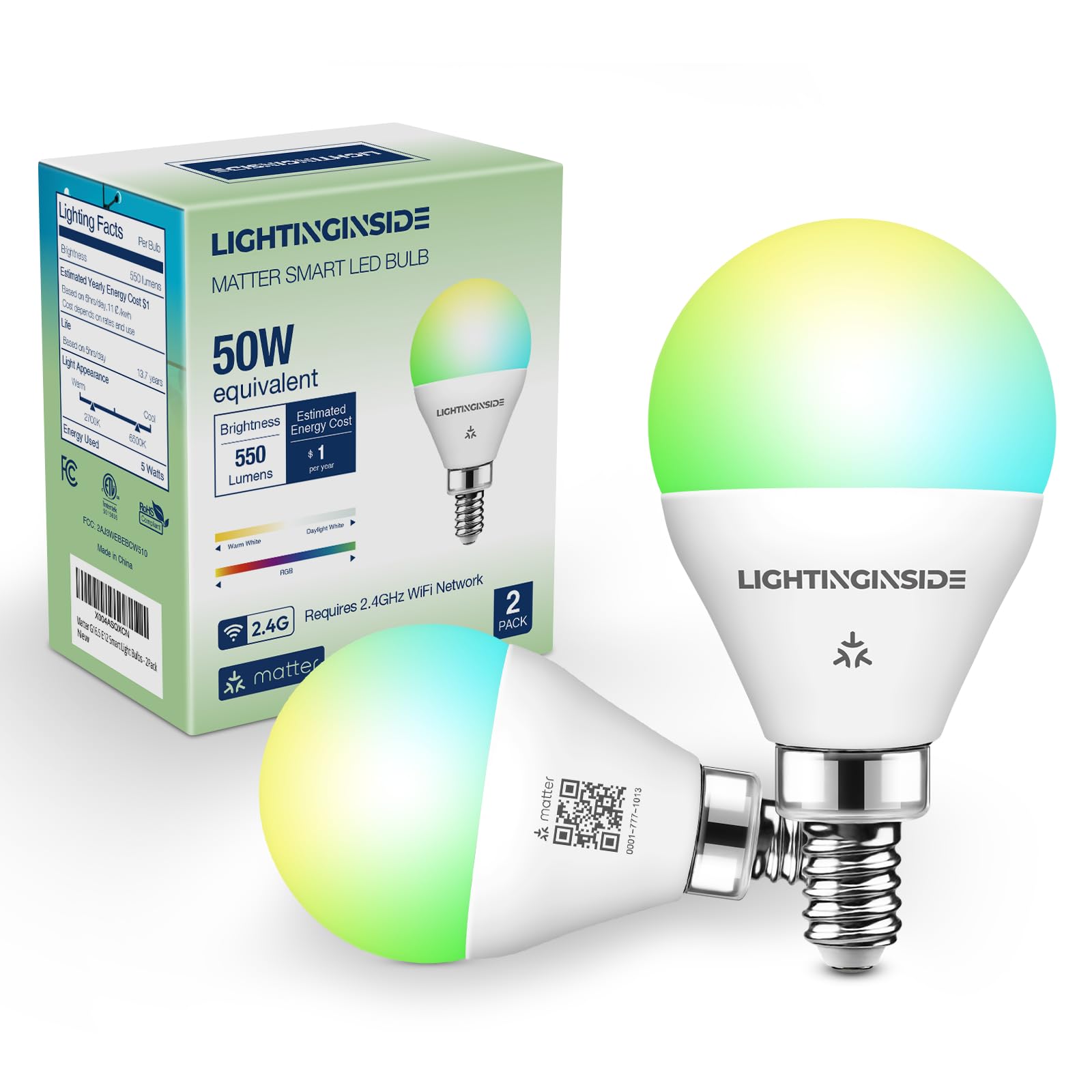 Lightinginside Matter E12 Smart Light Bulbs 50W Equivalent 5W 550Lm, Compatible With Alexa/Siri/Apple Home/Google Home/Smartthin