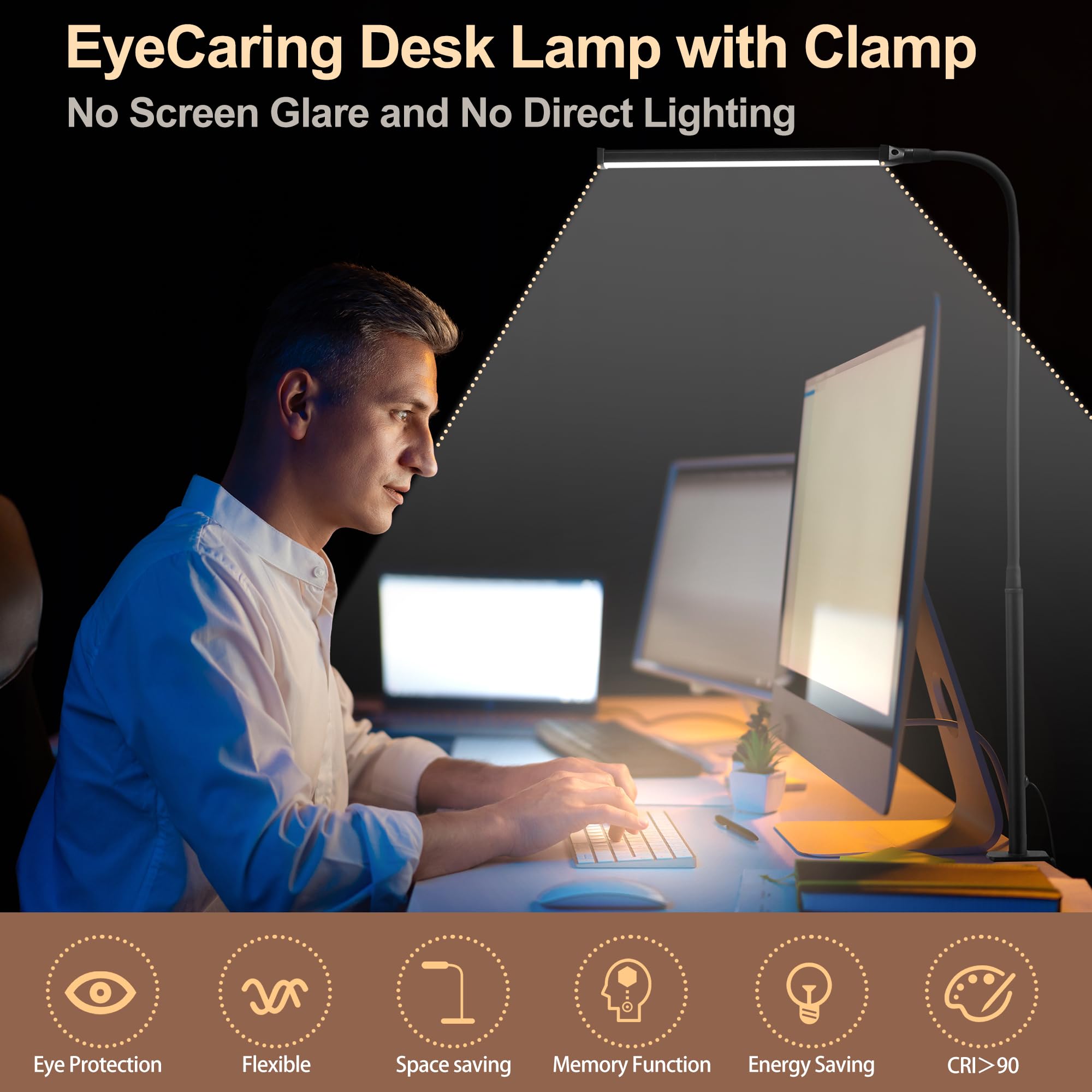 LIBORA Led Desk Lamp, Eye-Caring Clamp Light, 3 Modes, 10 Brightness Levels, Flexible Gooseneck, White, Model 1063292