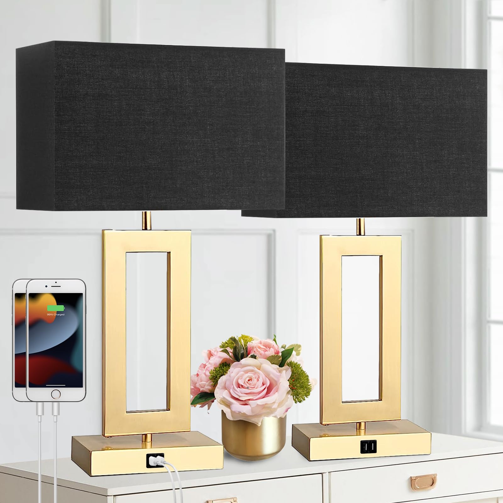 gernehop Black Table Lamps Set of 2 with Dual USB Ports,3-Way Dimmable Touch Control Bedside Lamps,22inch Tall Modern Bedroom Ta