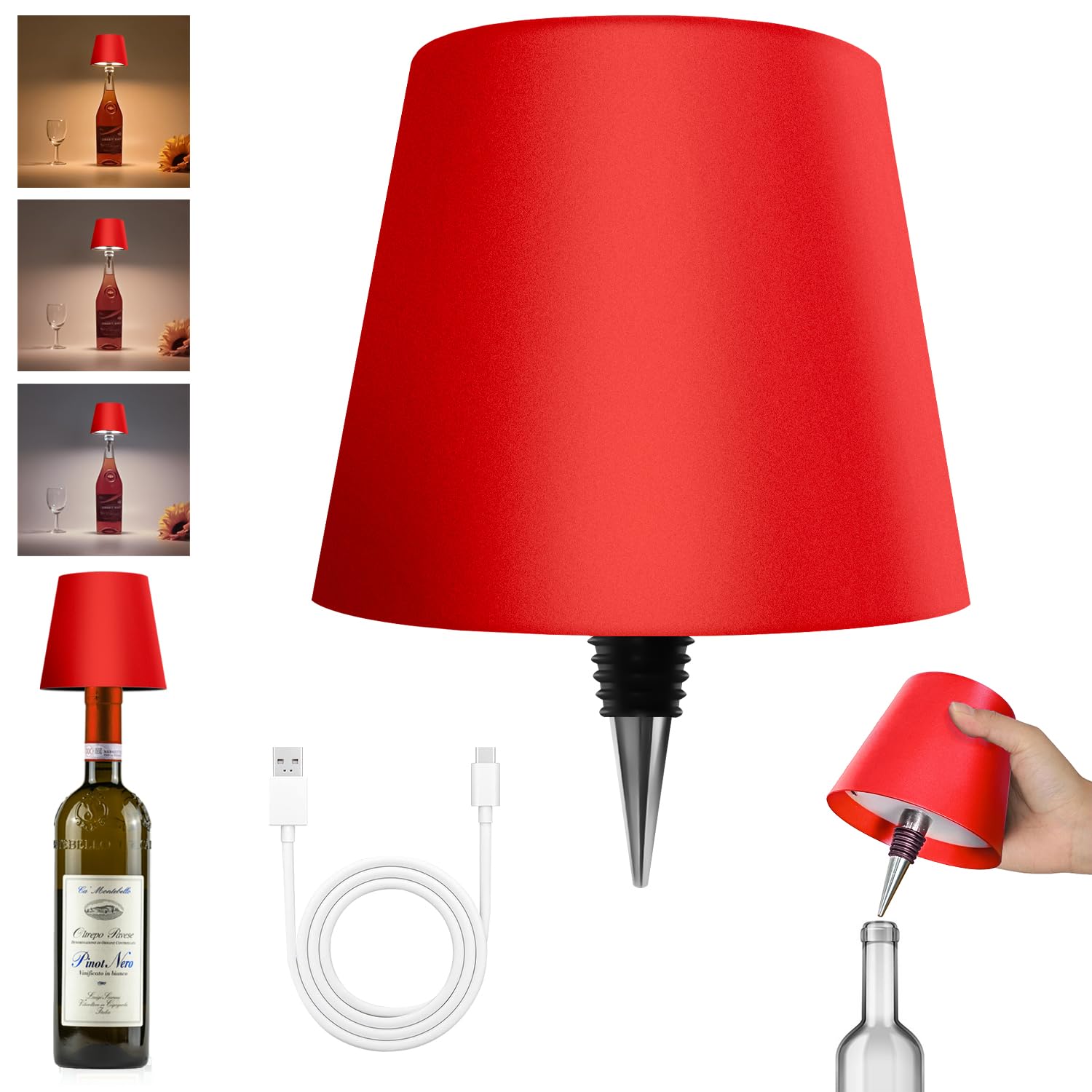 Hoide Wireless Bottle Lamp - LED Night Light Kit, Rechargeable, 5.7in, Wine Red, Plastic, Touch-Dimmable