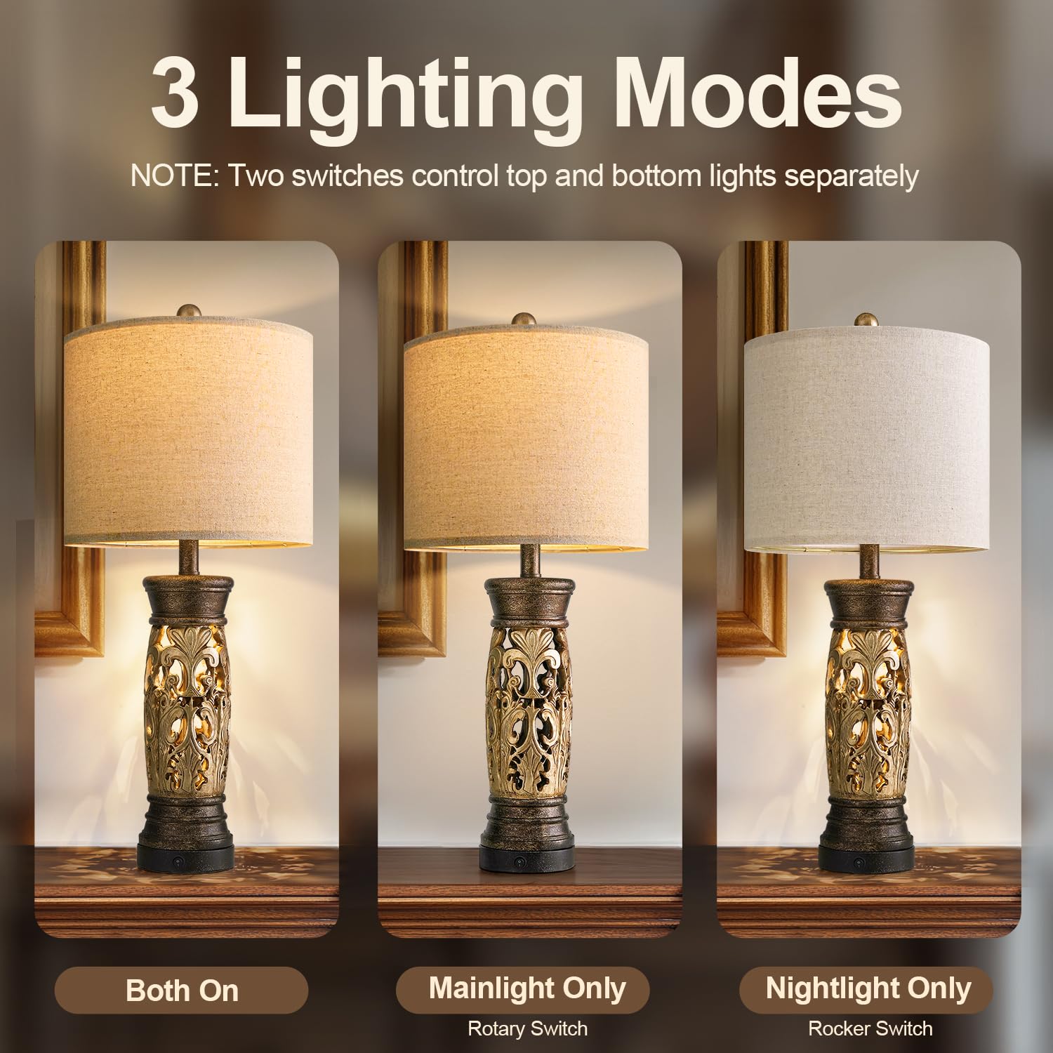 BOBOMOMO Antique Gold Table Lamps Set of 2 - 27.25" Vintage Resin Bedside Lamps with USB Ports, Bulbs Included