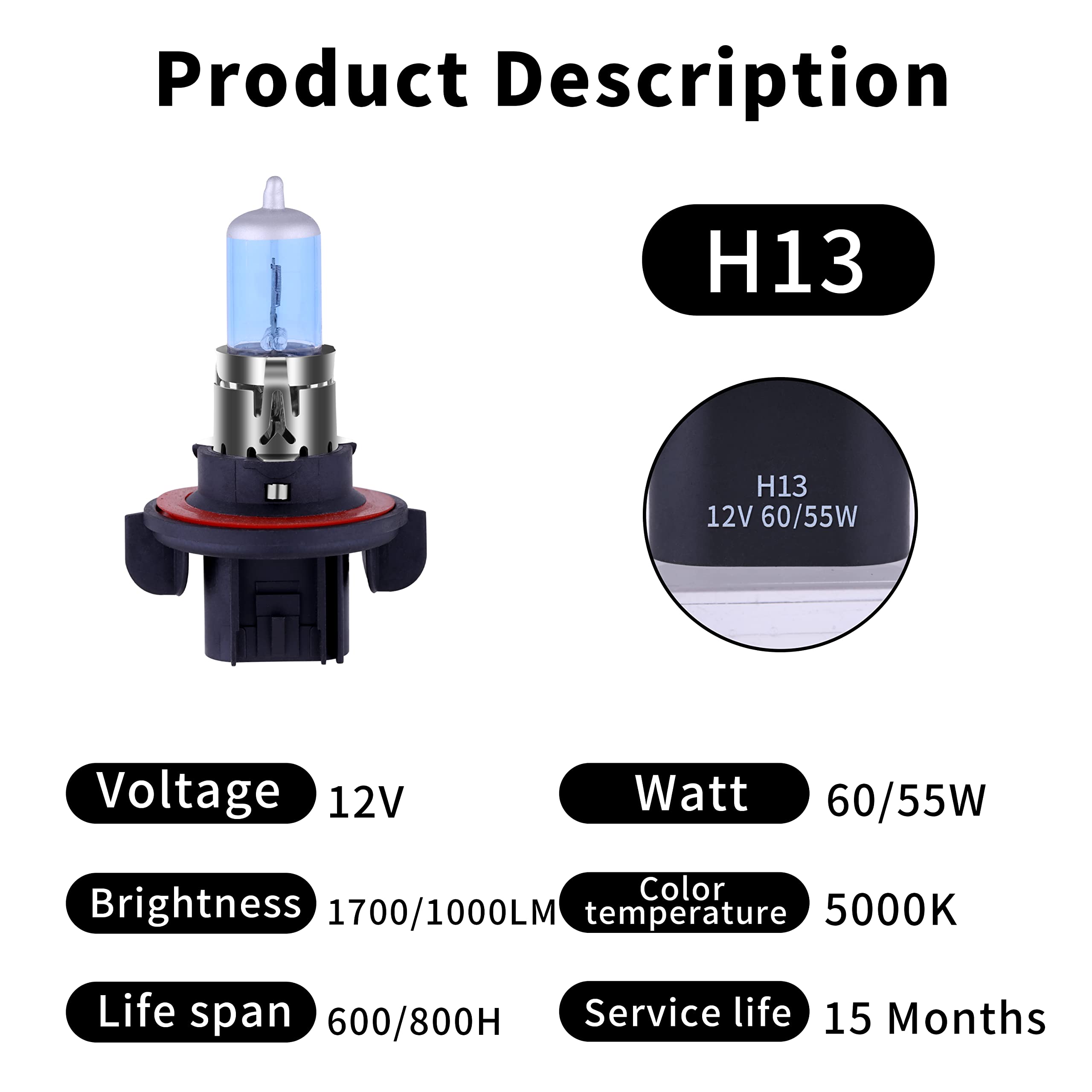 NEWBROWN Halogen Headlight Bulb Super White Light 12V 55W/60W P26.4T 9008/H13 Pair Standard