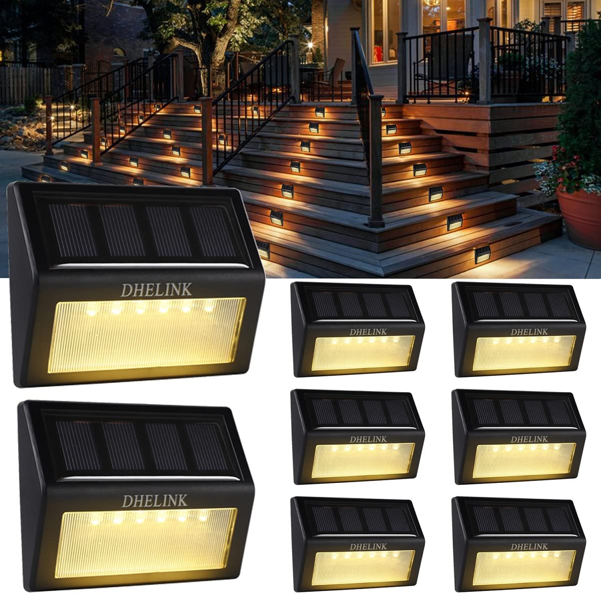 Dhelink 8 Packs Outdoor Solar Deck Lights, Led Solar Step Lights Outdoor Waterproof Warm White Auto On/Off Solar Powered Stair L