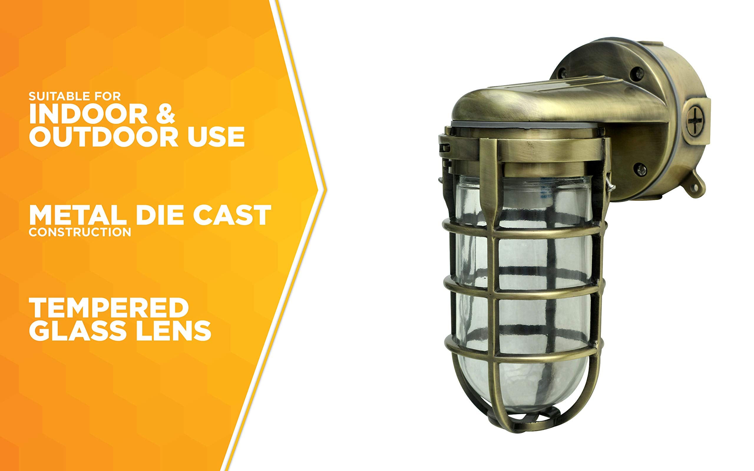 Woods L1707SVAB Industrial 100W Wall Mount Light, Antique Brass, Metal Die Cast, Tempered Glass, Indoor/Outdoor Use, One Size