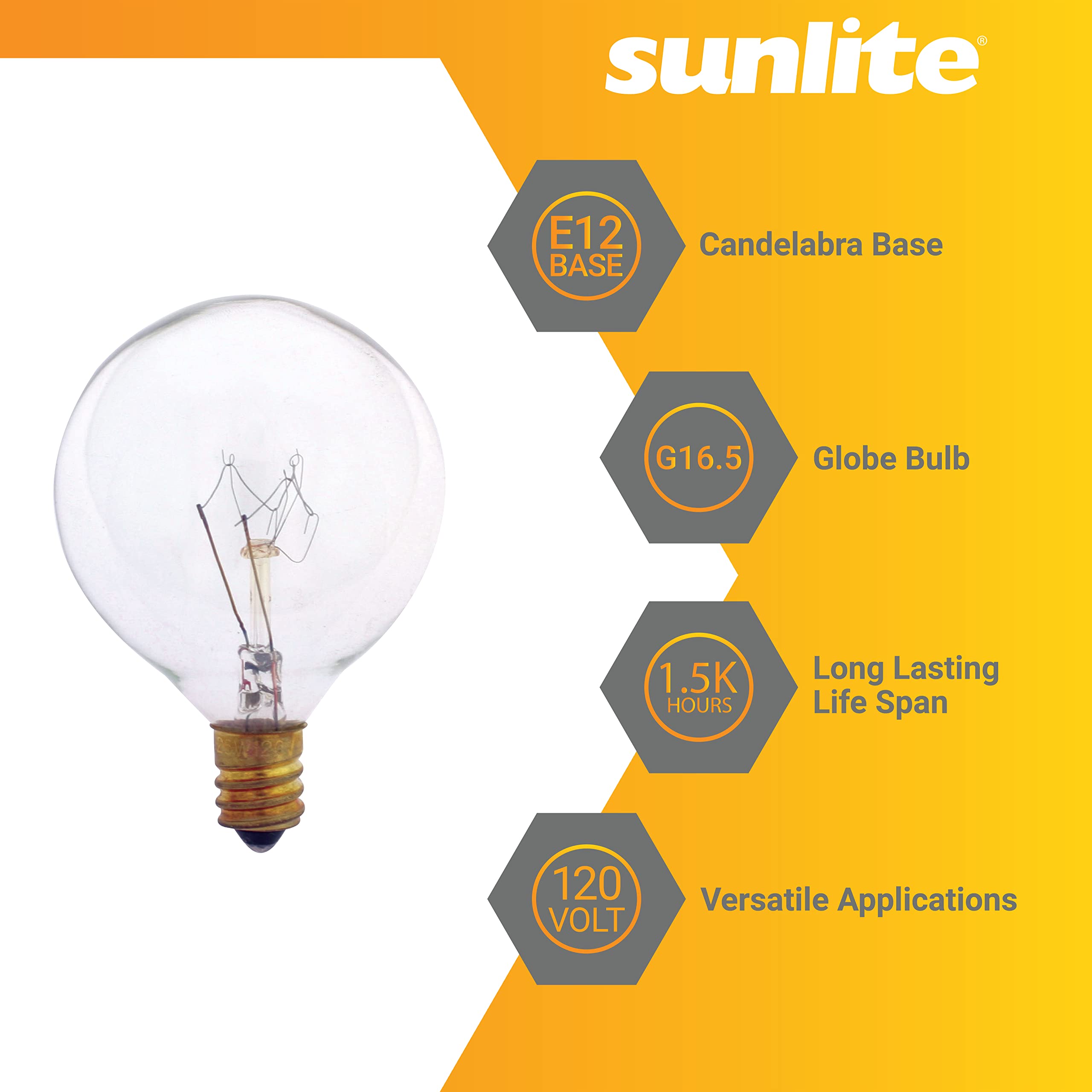 Sunlite G16.5 Globe Light Bulbs, 15W Candelabra Base (E12), 120V, Clear Incandescent, Dimmable, 12 Count, 2600
