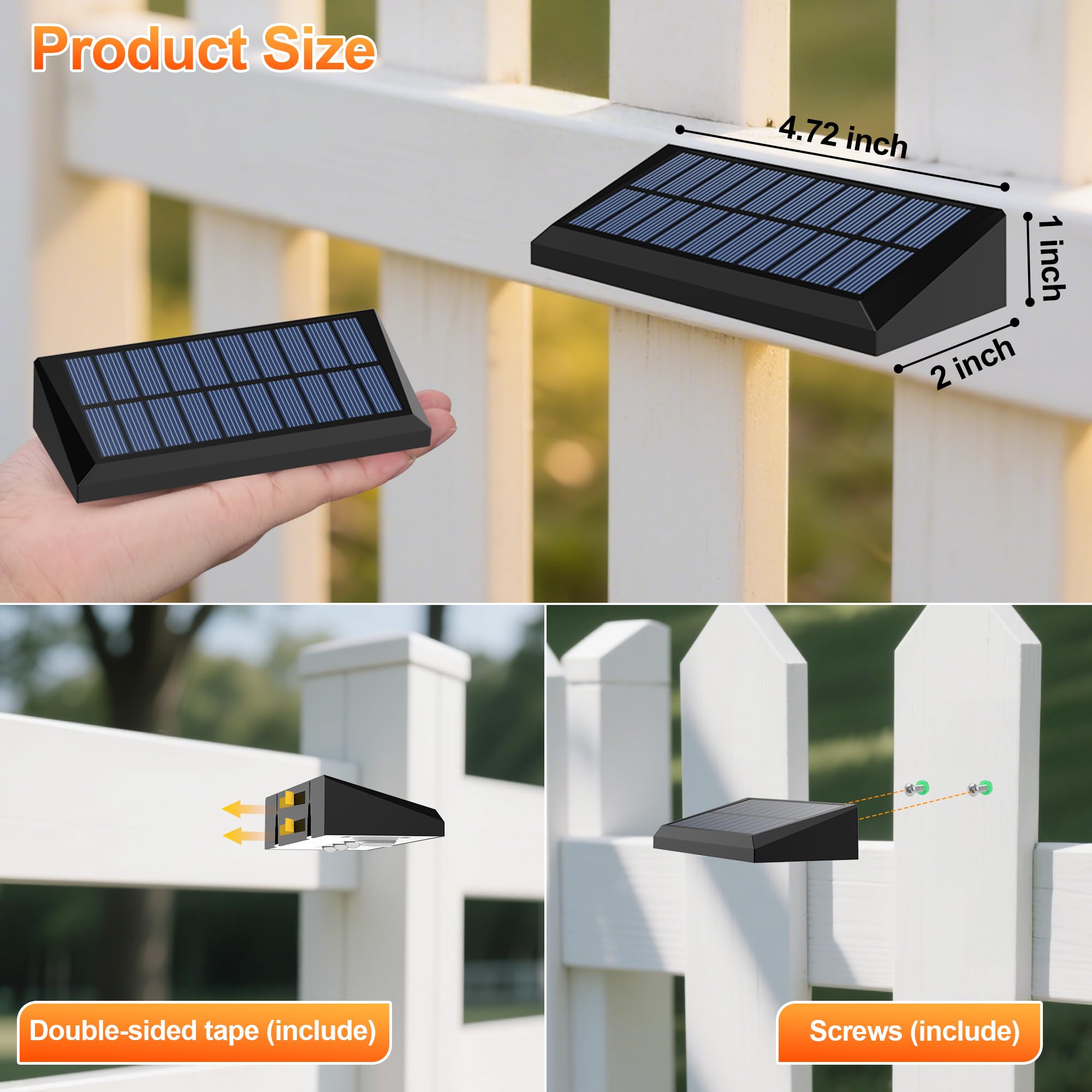 Audles Solar Fence Lights Outdoor  8 Pack Fence Lights Solar Powered With 4 Led  Fence Solar Light Outdoor Ip65 Waterproof Deck Light For Backyard  Railing  Patio  Stair  Wall  Step - Warm Lighting