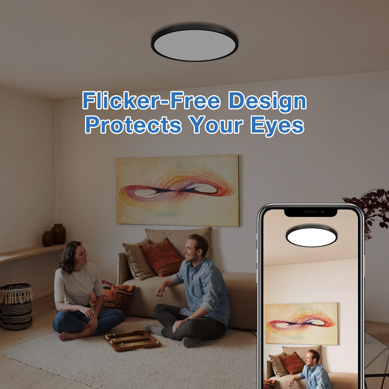 CycevSun 12in Black Flush Mount Ceiling Light, Dimmable 3000K/4000K/5000K, 20W, ETL Listed, 4-Pack