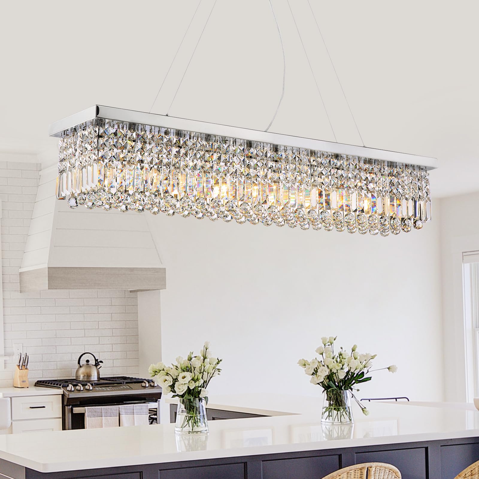 Siljoy Modern Rectangular Crystal Chandelier, 47'' Rectangle Raindrop Hanging Ceiling Pendant Light Fixture Adjustable Height Fo