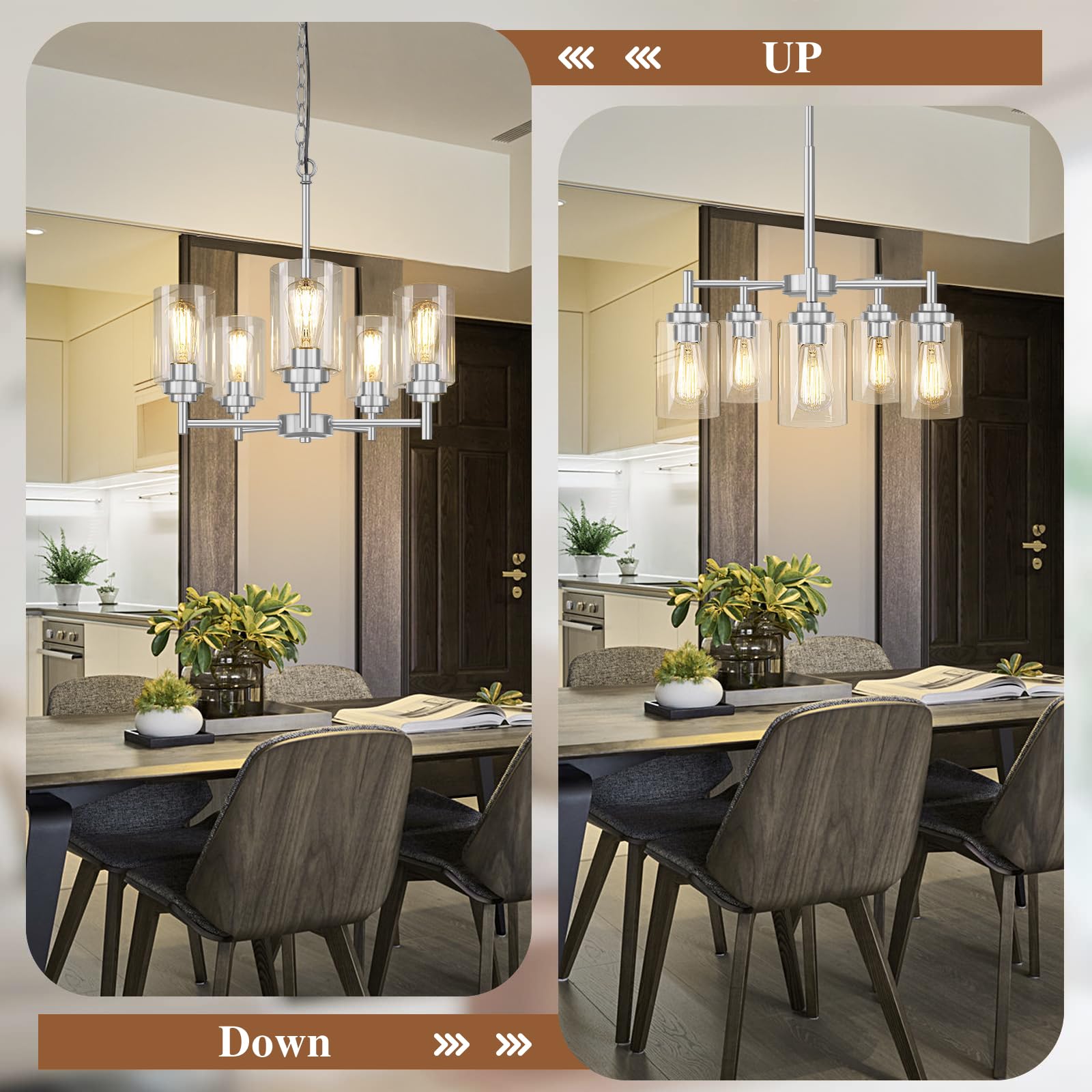 5-Light Chandelier For Dining Room Kitchen Island Modern Farmhouse Pendant Lighting With Clear Glass Shades Industrial Brushed N