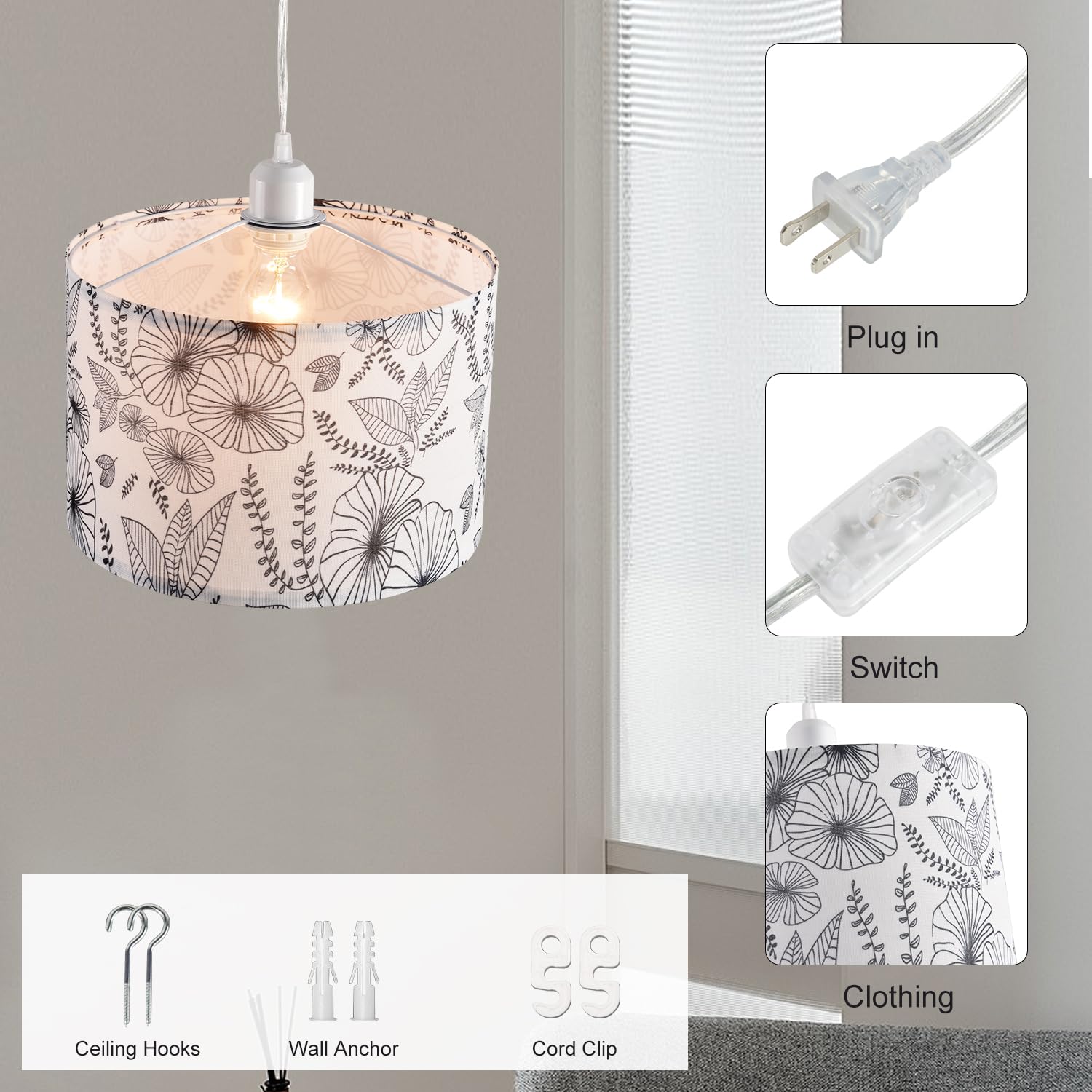 Ihengyanlt 2 Pack Plug In Pendant Light, Hanging Light With 15Ft Clear Cord, On/Off Switch, Flower Fabric Lamp Shade, Hanging Li