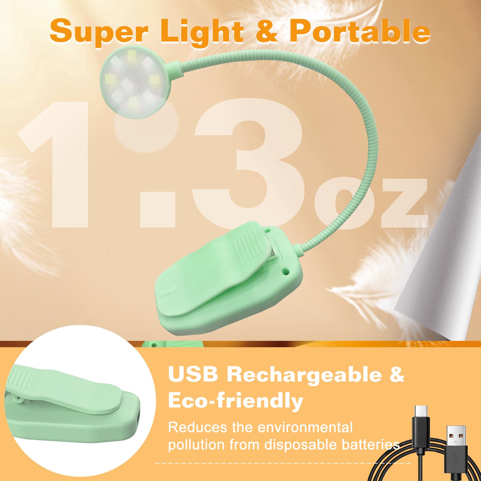 KTEBO Rechargeable Book Reading Light - Adjustable Brightness, 3 Color Temperatures, 30+ Hours Runtime, Black & Green, Model BHLBL-6