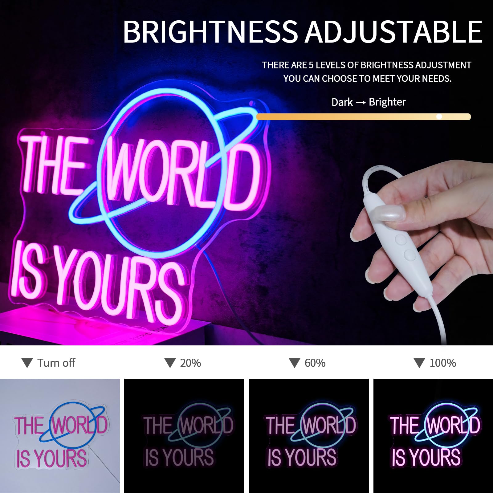 Virlusy Neon Sign for Wall Decor, Dimmable LED Lights, Acrylic, Pink Blue, Model YL-The World is Yours, Letter Size