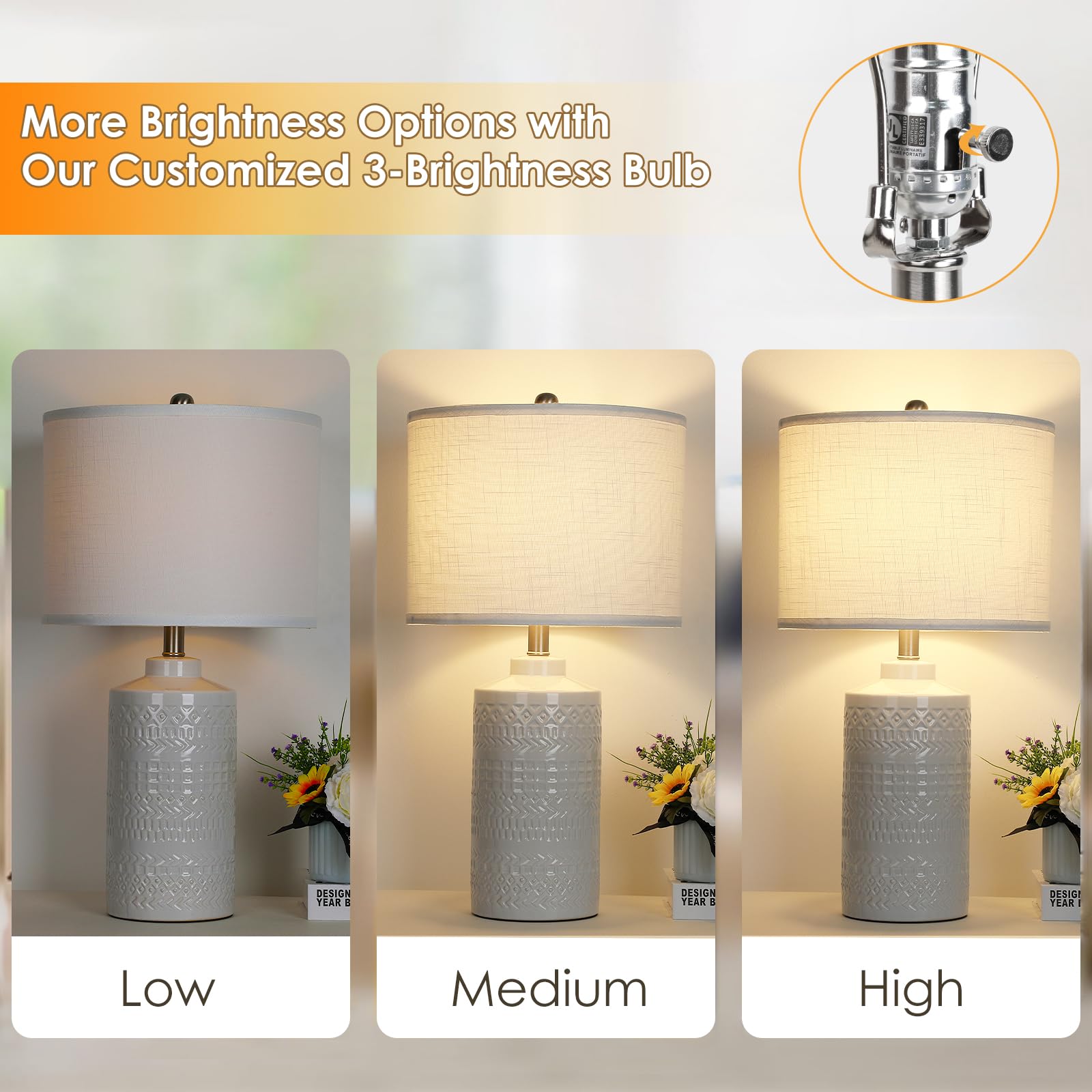 JUNNAI 24.5" White Ceramic Table Lamp - 3-Way Dimmable Bedside Light with Linen Shade for Bedrooms & Living Rooms, Bulb Included