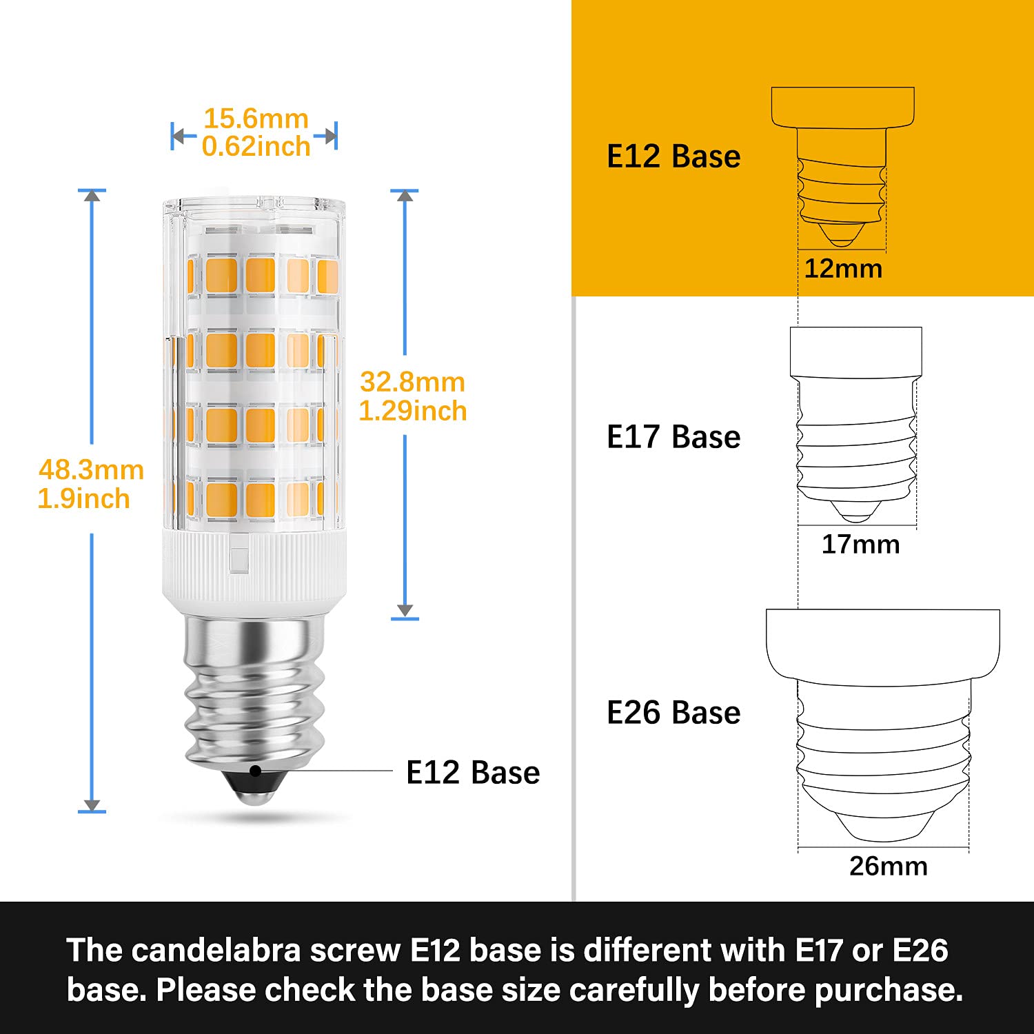 DiCUNO E12 LED Bulb 4W Warm White 3000K Non-Dimmable Candle Base Light Bulbs, 6 Count for Ceiling Fan & Chandelier