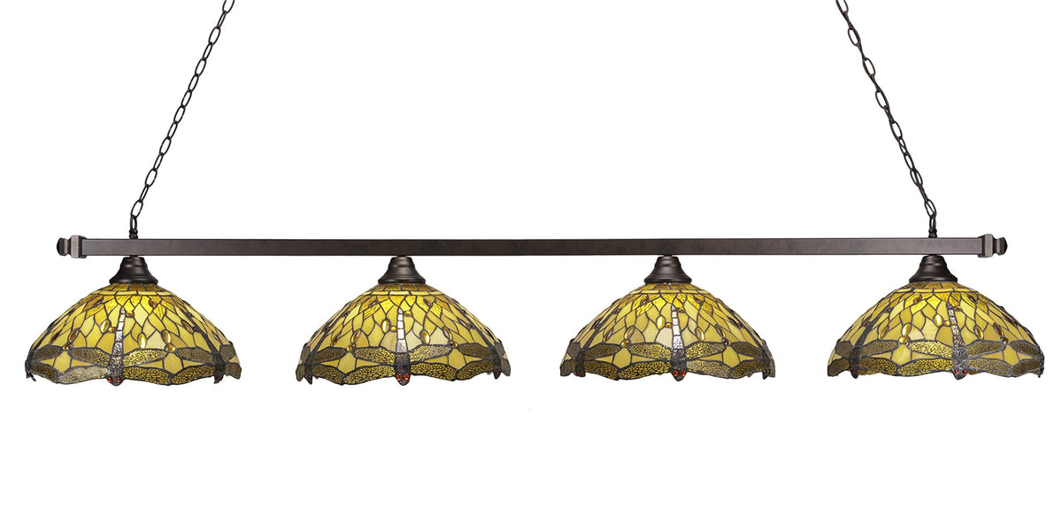 Toltec Lighting 804-BRZ-946 Square 4 Light Bar Shown in Bronze Finish with 16&quot; Amber Dragonfly Tiffany Glass