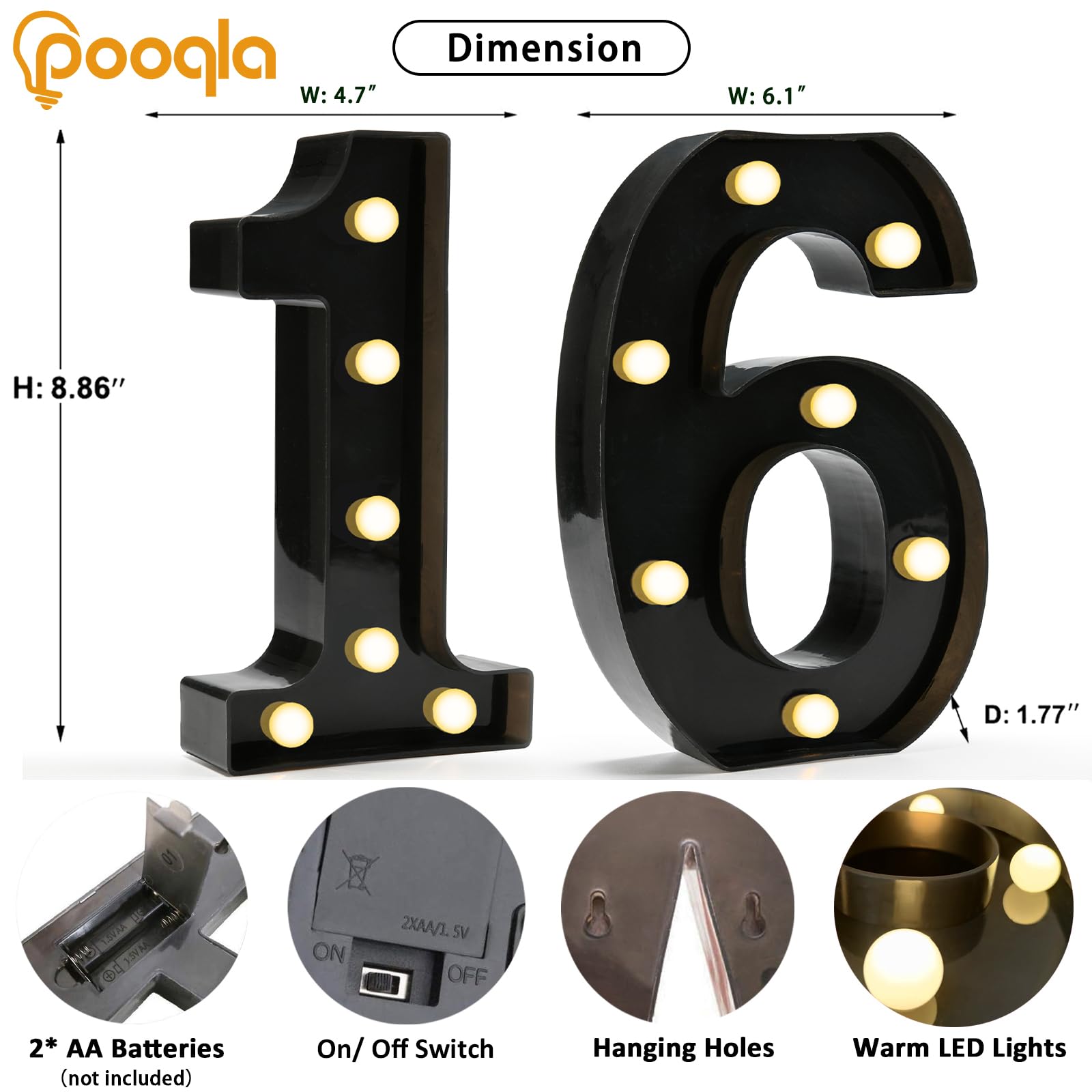 Pooqla Decorative Led Light Up Number Letters, Black Plastic Marquee Number Lights Sign For 16Th Birthday Party Wedding Decor Battery Operated Black Number 16
