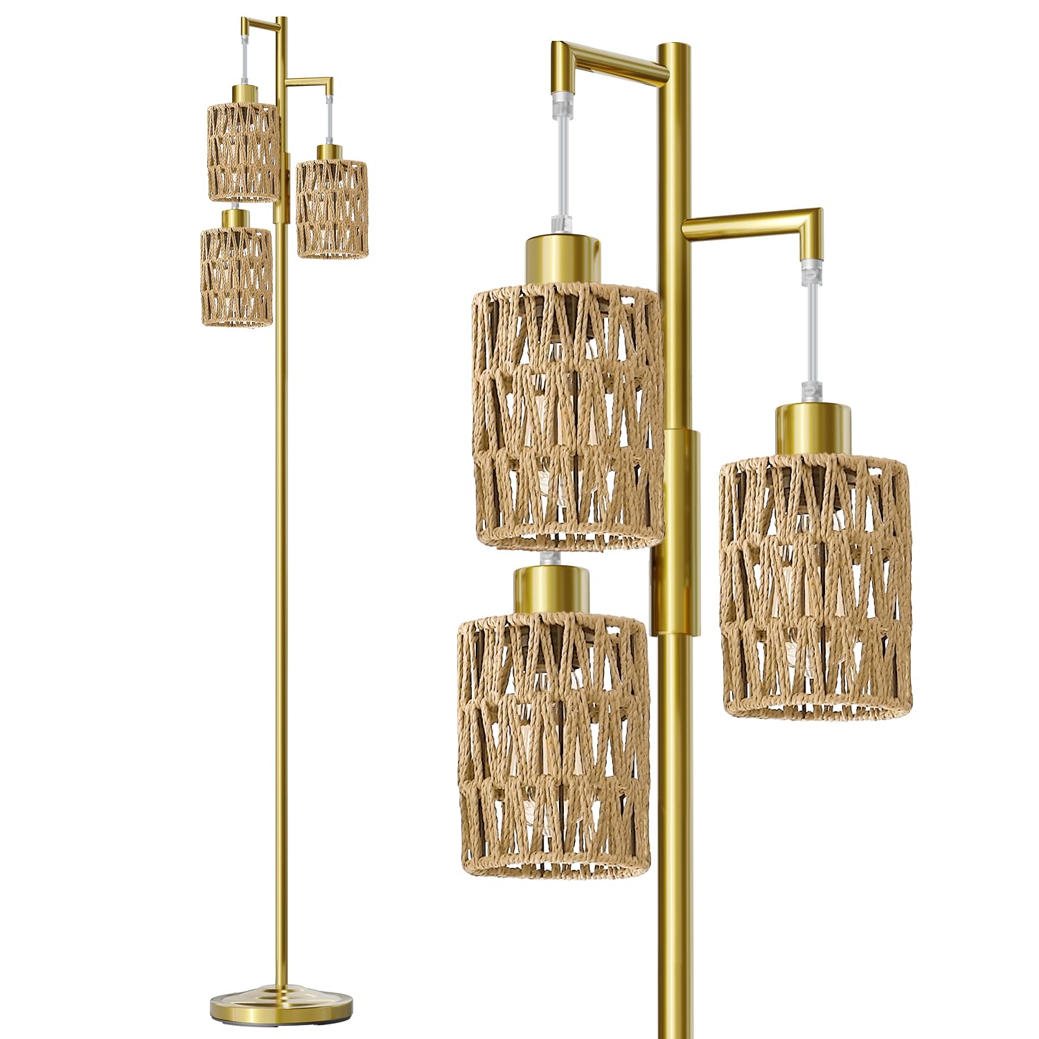 Oneach 70in Stepless Dimmable Floor Lamp, Metal Boho Tree Lamp with 3 Bulbs, Gold-Rattan, Model AMZ-F1175GL-3