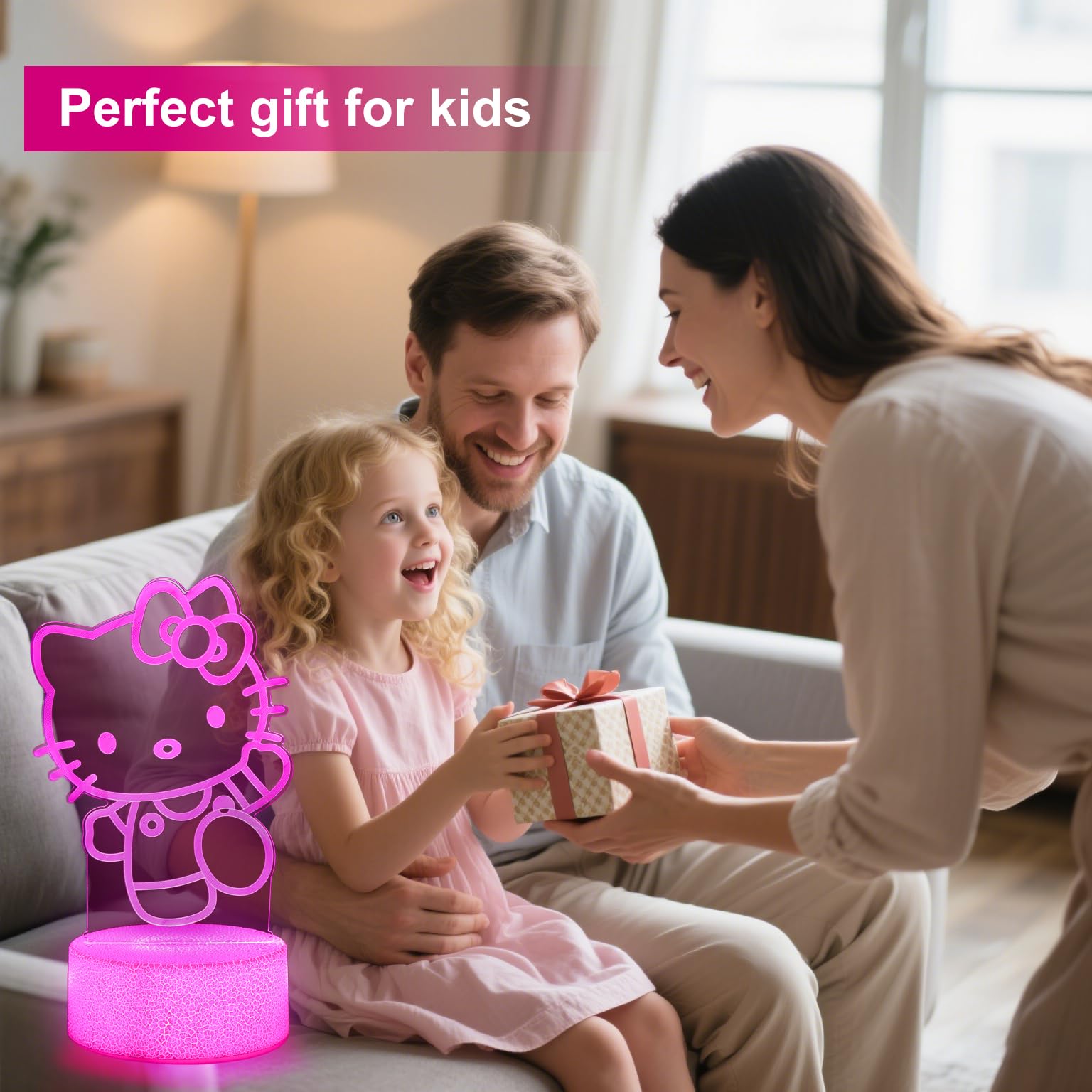 sunduck Pink Kawaii Kitty 3D Night Light - Corded Control, Unique Gift for Kids, Dreamy Room Decor, Model: pink03