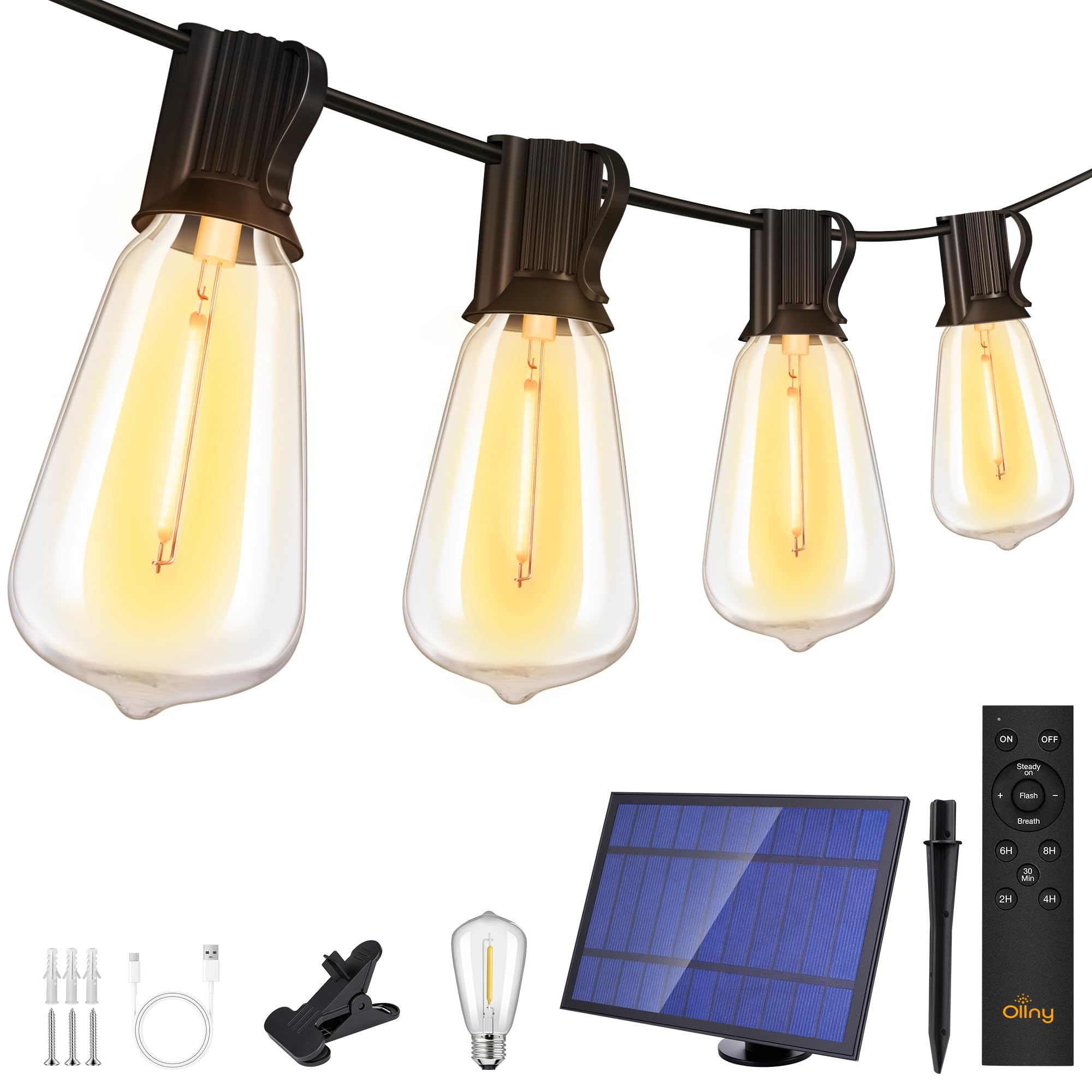 Ollny Solar String Lights, 30FT Warm White, 15+1 LEDs, USB & Solar Charging, 3 Modes, 5 Timers, Waterproof, Model NYD015B