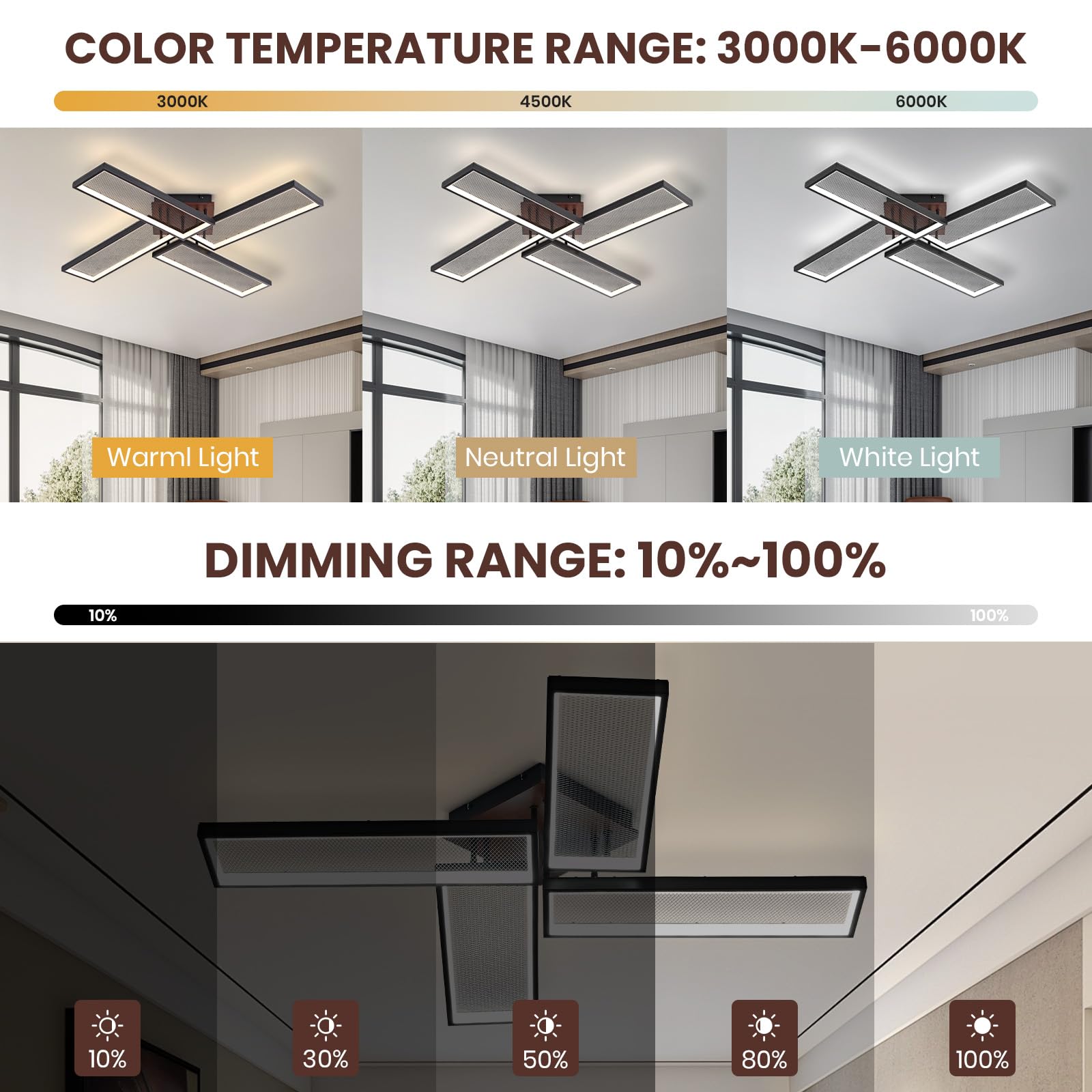 OKES Modern LED Ceiling Light, Dimmable Chandelier, Black, Metal, 39.7in, Model 723258466762