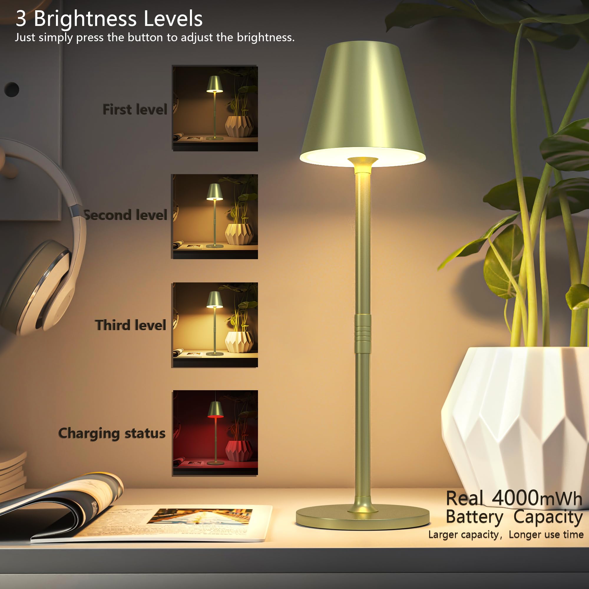Timjorman 2Pack LED Cordless Table Lamp - 4000mAh Rechargeable, 3 Level Brightness, Metal Shell, Champagne Gold