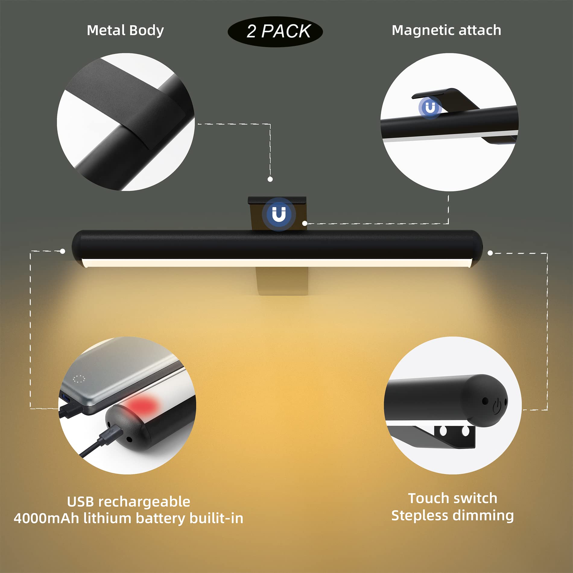 Yaqiihome 2-Pack Rechargeable Picture Lights With Remote, Dimmable & Timer, Black, Aluminum