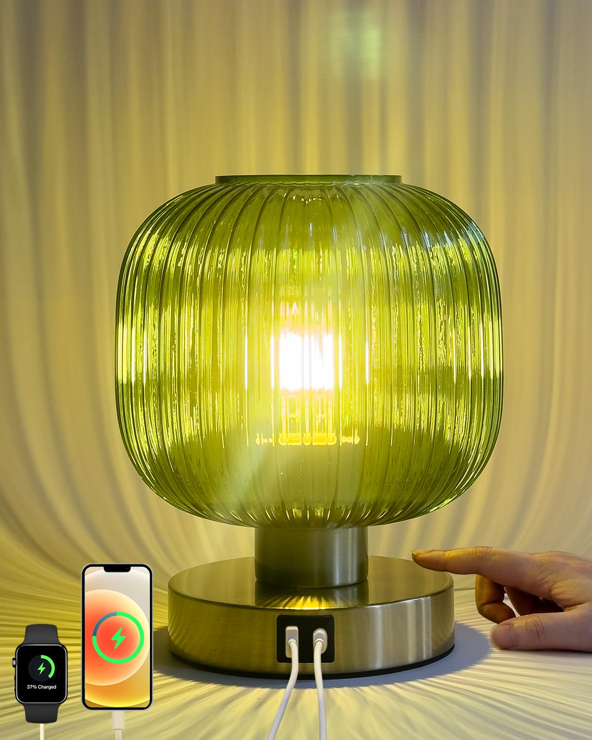Elenhome Big Touch Table Lamp,Elegant Green Glass Bedside Lamp 3 Way Dimmable With Usb C+A Charging Ports - Bedroom Nightstand & Living Room Essential, 4W Bulb Included (Green)