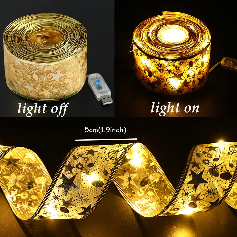 Gihoo Christmas Tree Decorations String Lights 32Ft 100 Led Lights Copper Wire Ribbon Bows Lights For Party Weddings Holiday Christmas Tree Decorations (Width 5Cm Gold Warm Light)