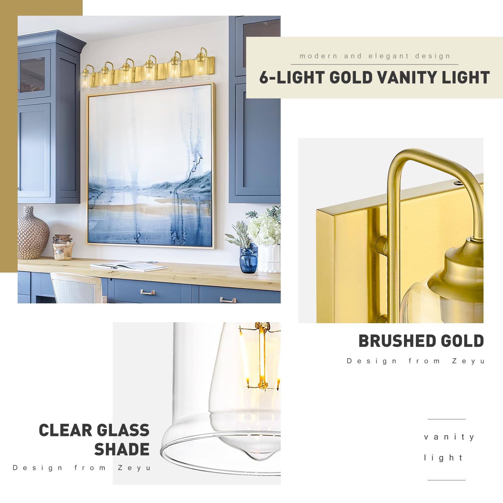 Zeyu 44 Inch Brushed Gold Bathroom Light Fixtures, 6 Lights Vintage Wall Light, Modern Vanity Light With Clear Glass Shade, Zsl7