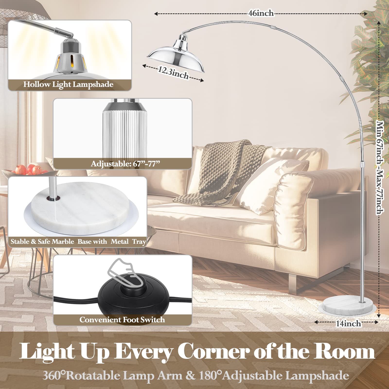 Filiyano Modern 77'' Arc Floor Lamp - Adjustable Sliver Standing Lamp For Living Room, Rotatable Arch Metal Pole Task Lamp Over