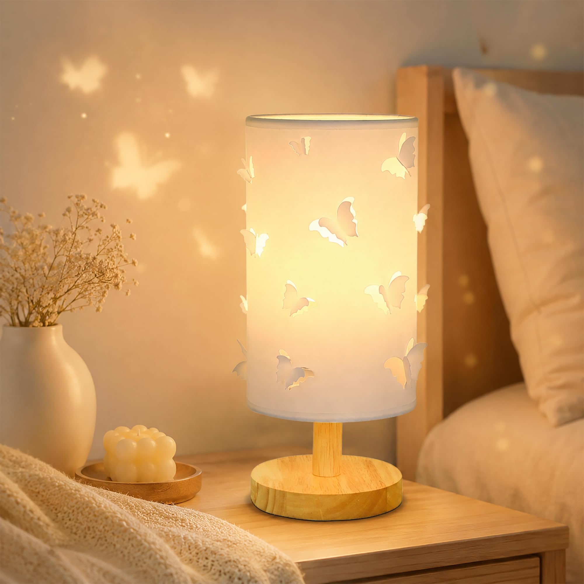 WyzXorn 3D Butterfly Table Lamp,Small Bedside Lamps for Girls Bedroom,3-Color Dimmable Night Light with Wood Base,Ambient Lighti