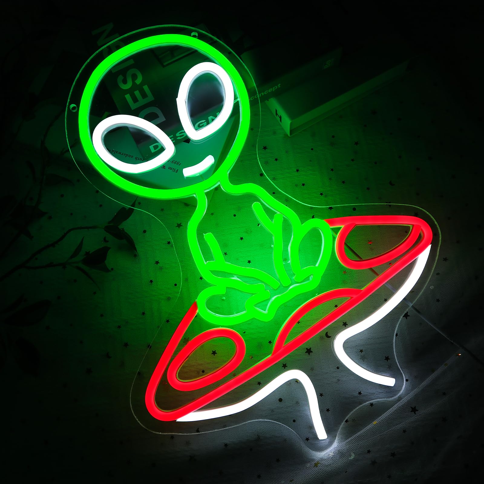 PMCVYH Neon Alien Sign, USB Dimmable Wall Decor, Acrylic, Green Red White, Model SYL-Mushroom Alien