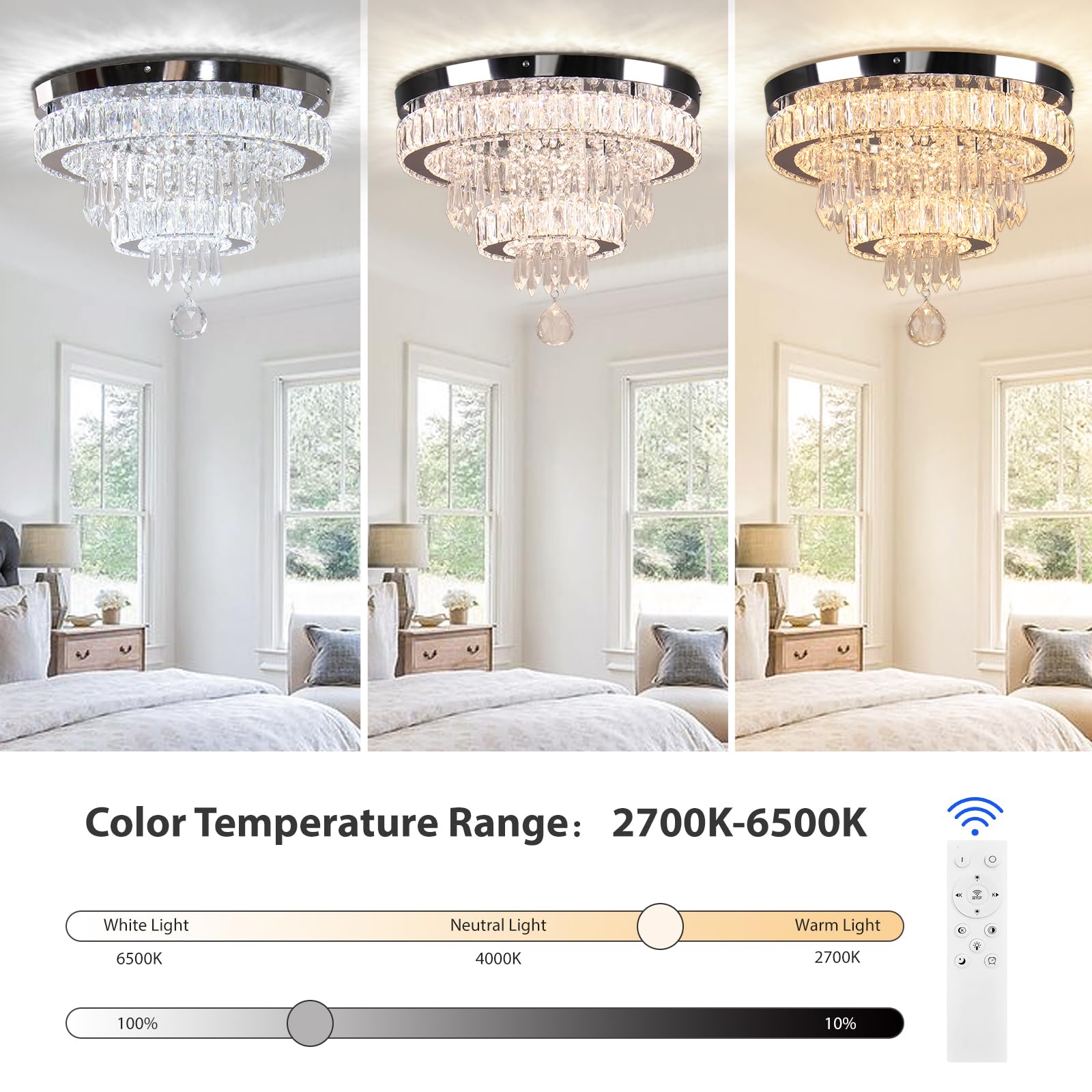 Cainjiazh Crystal Chandelier Flush Mount Light Fixture, 16in Dimmable, Remote Control, for Bedroom, Dining Room, Living Room