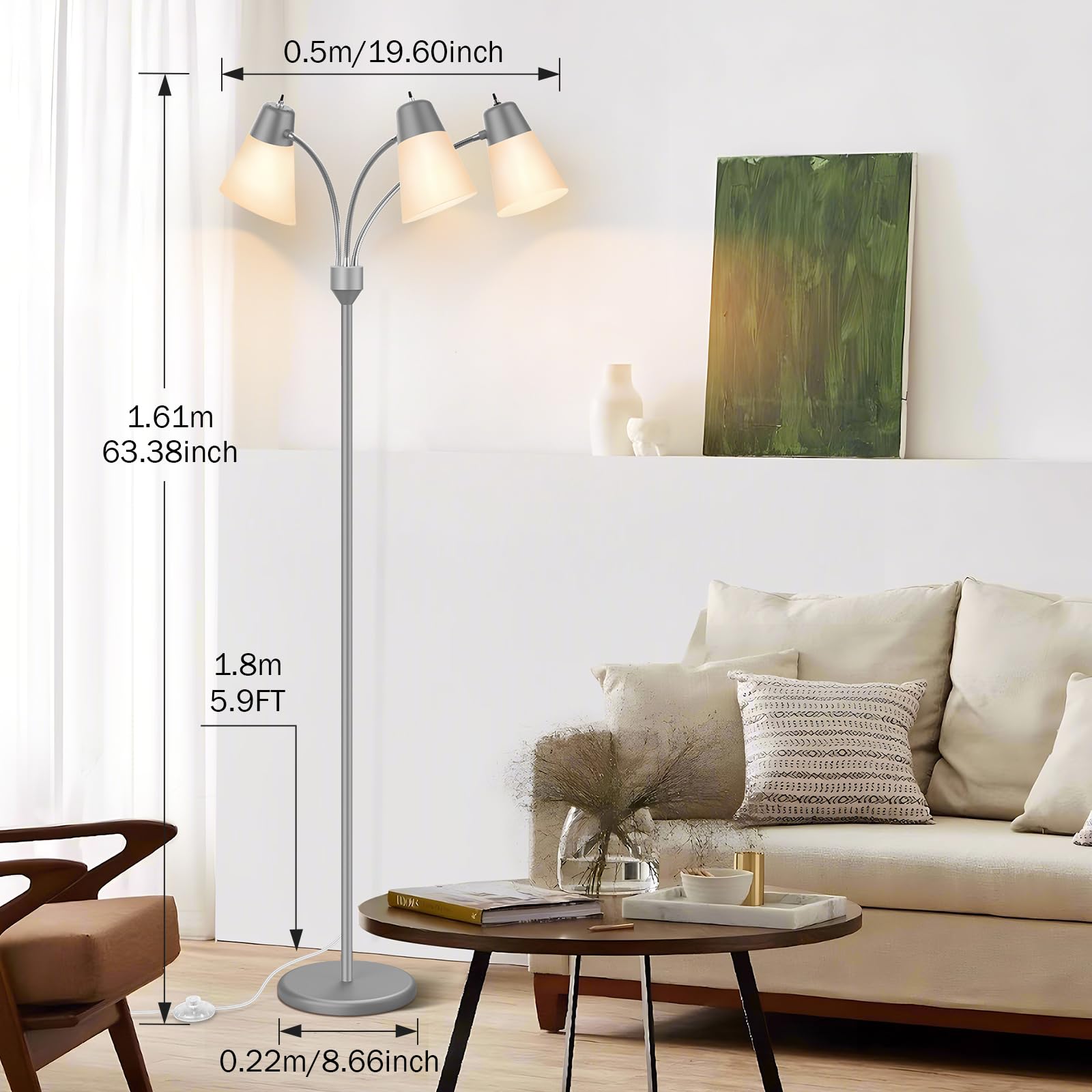 FOLKSMATE LED Floor Lamp, Medusa 3 Head Gooseneck, Adjustable, Silver Grey, Model F107