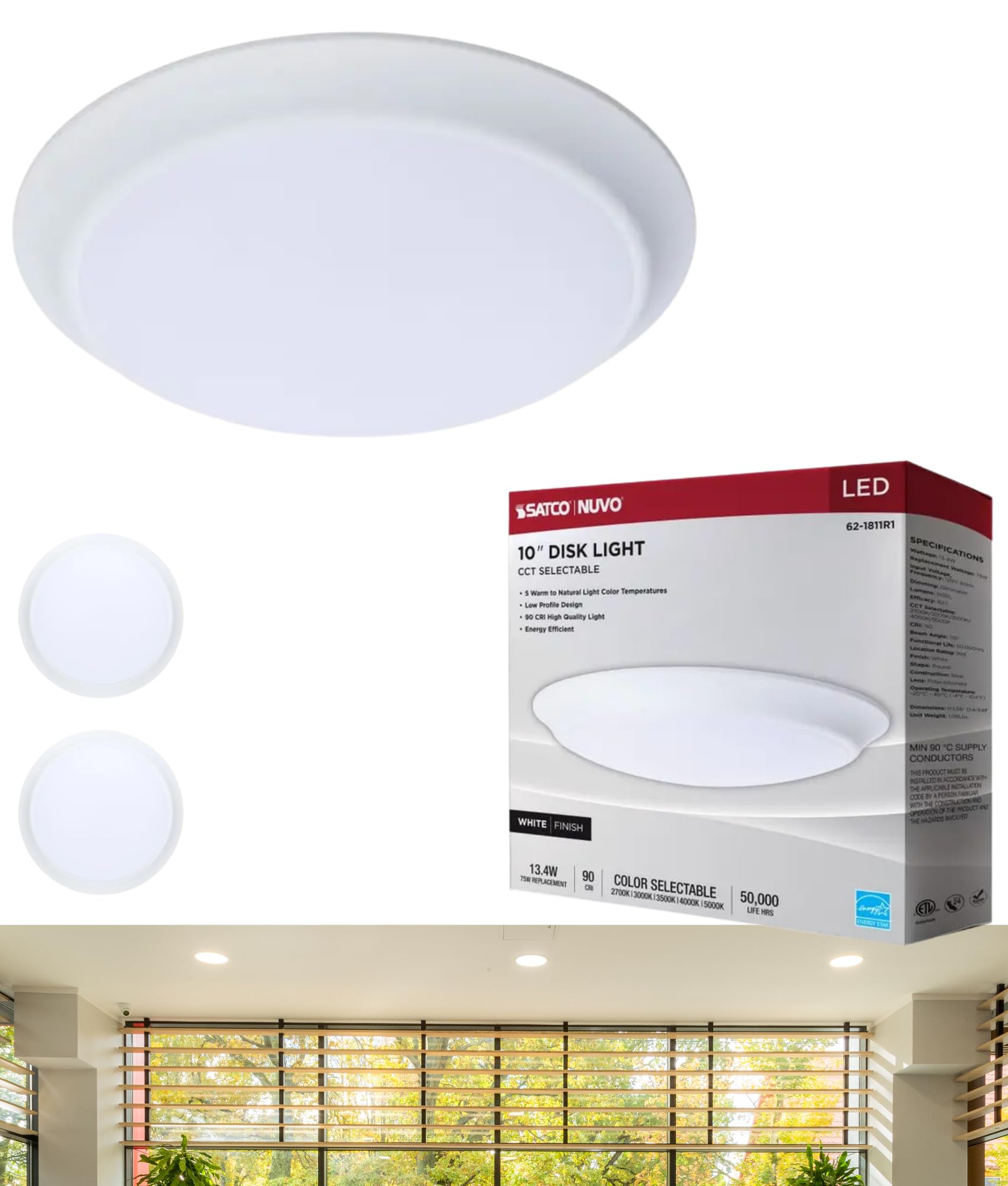 Satco 62-1811R1 10 Inch LED Disk Light, CCT Selectable 2700K-5000K, 1100 Lumens, 13.4W, Triac Dimmable, 90 CRI, Wet Rated, White
