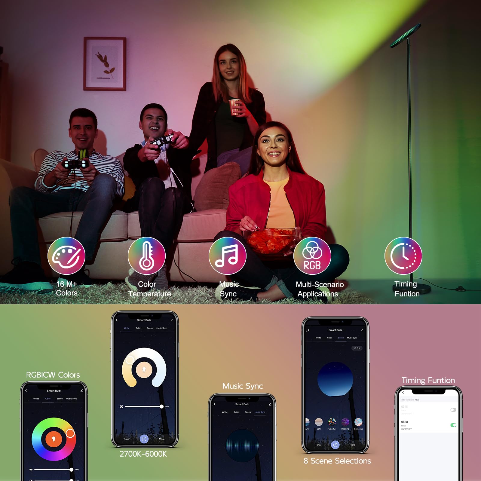 Sunmory Smart Rgb Floor Lamps For Living Room, 32W Bright Led Floor Lamp With App And Remote Control, Tall Standing Lamp With St