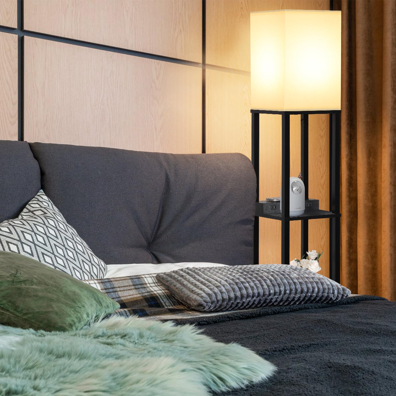 Mlambert Modern LED Floor Lamp with Wireless Charger, 2 USB Ports & 2 Outlets, 3-Tier Storage, Black, Model A-092