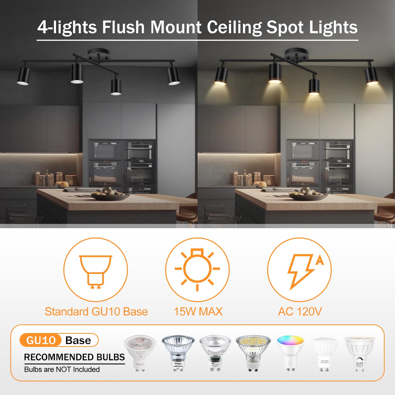 4 Light Track Lighting Kit Kitchen, Black Track Lighting Fixtures Ceiling, 4 Way Modern Flexible Spot Track Lighting, Industrial