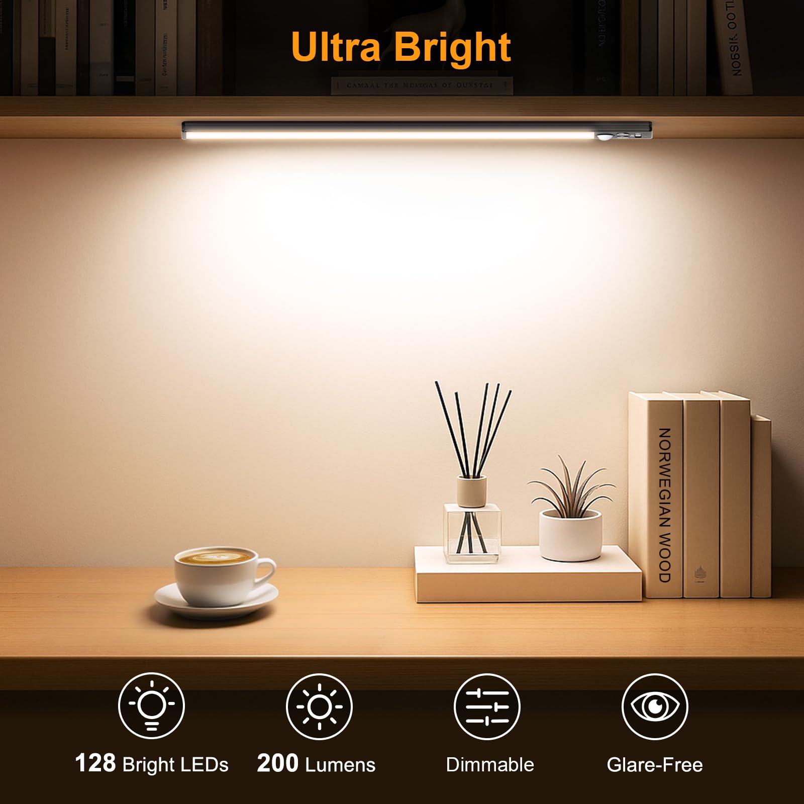 Gritin 14.7" Rechargeable Under Cabinet Lighting - 128 LED, 3-Color, Motion Sensor, Black, Model G1358, 2 Pack