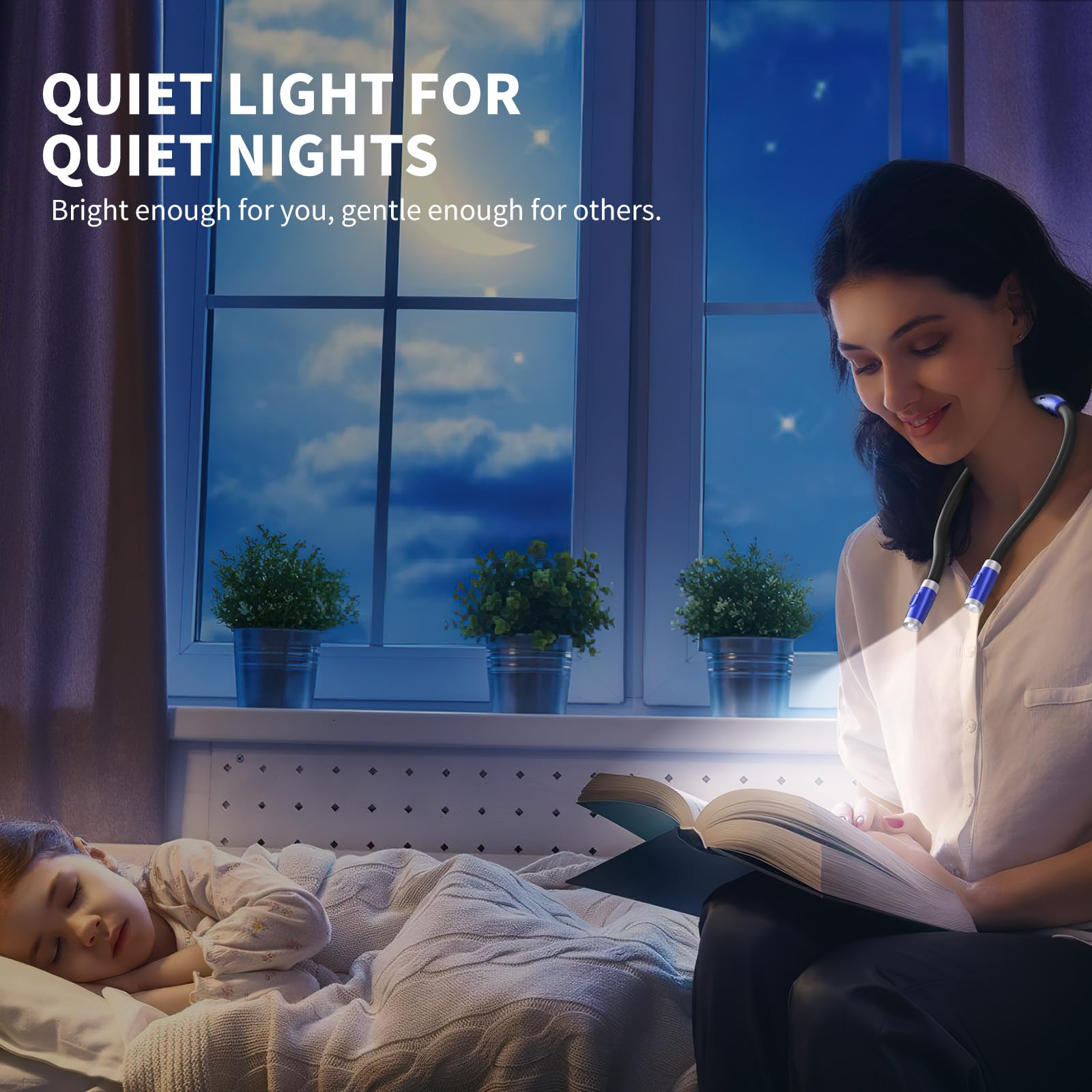 LUXJET Book Light - USB Rechargeable, Adjustable Brightness, 360° Flexible Arm, Cold White Light, Dark Blue, Model LXJ-Book Lights