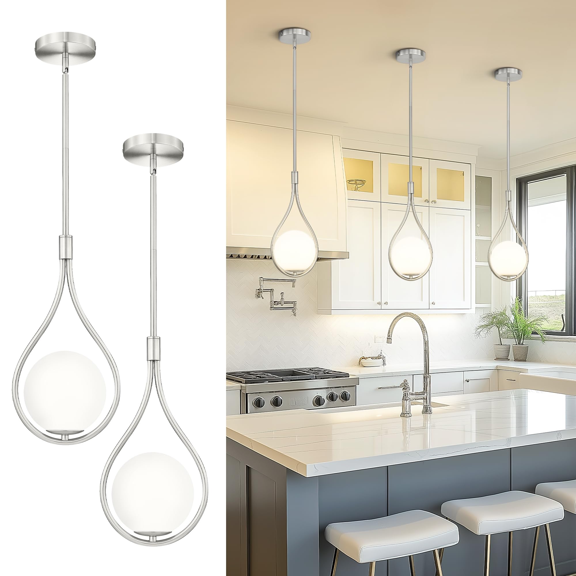 Autelo 2 Pack Pendant Lights Kitchen Island, 1-Light Pendant Lights in Brushed Nickel Finish with Milky White Globe Glass, Nicke