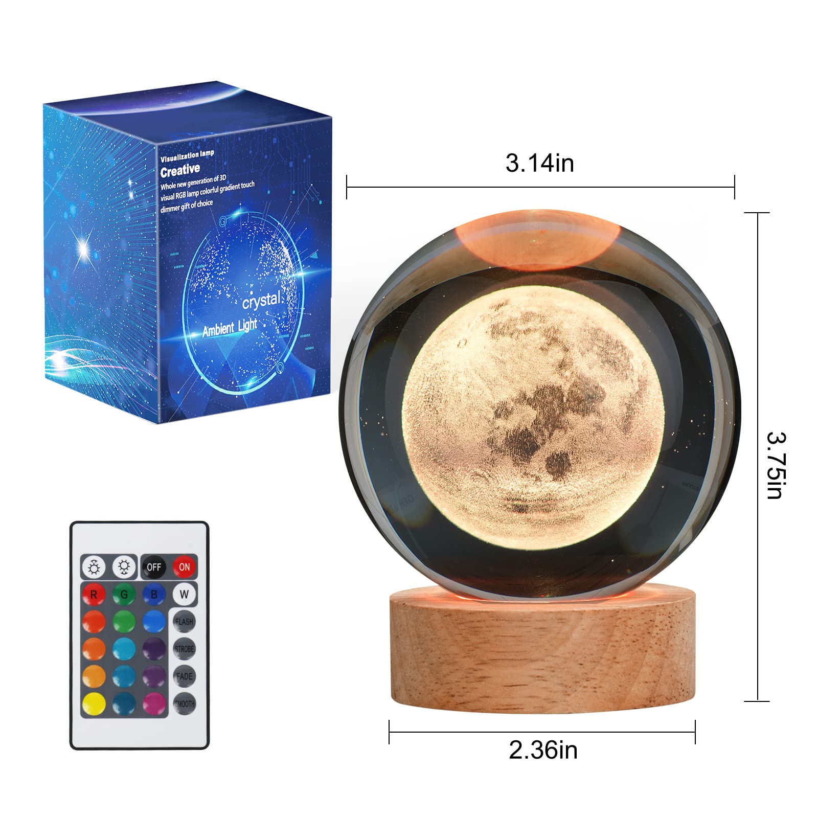 Large Crystal Ball 3D Moon Lamp Balkwan, Crystal Lamp 16 Color Changing Night Light With Remote Control For Bedroom Decor, Ideal