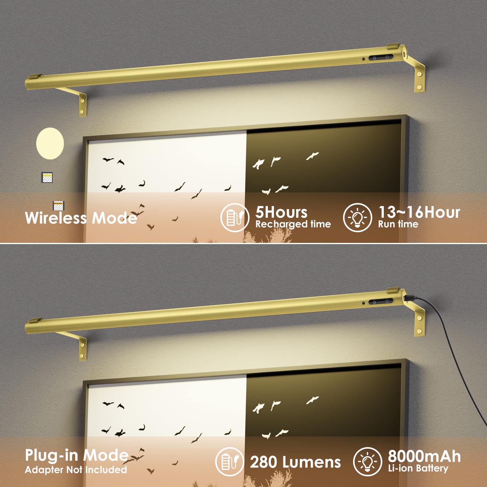 Eayoyae Battery Operated Wireless Picture Light,Rechargeable/Plugged In 31.5Inch Painting Display Light,Remote Control Wall Lights With Three Modes And Timing For Art Frame (Gold)